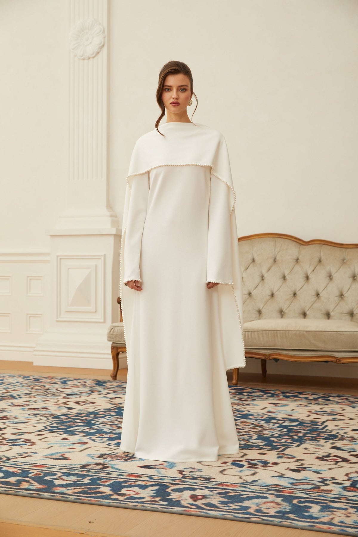 Piroska White Pearl Trim Shawl Detail Maxi Dress
