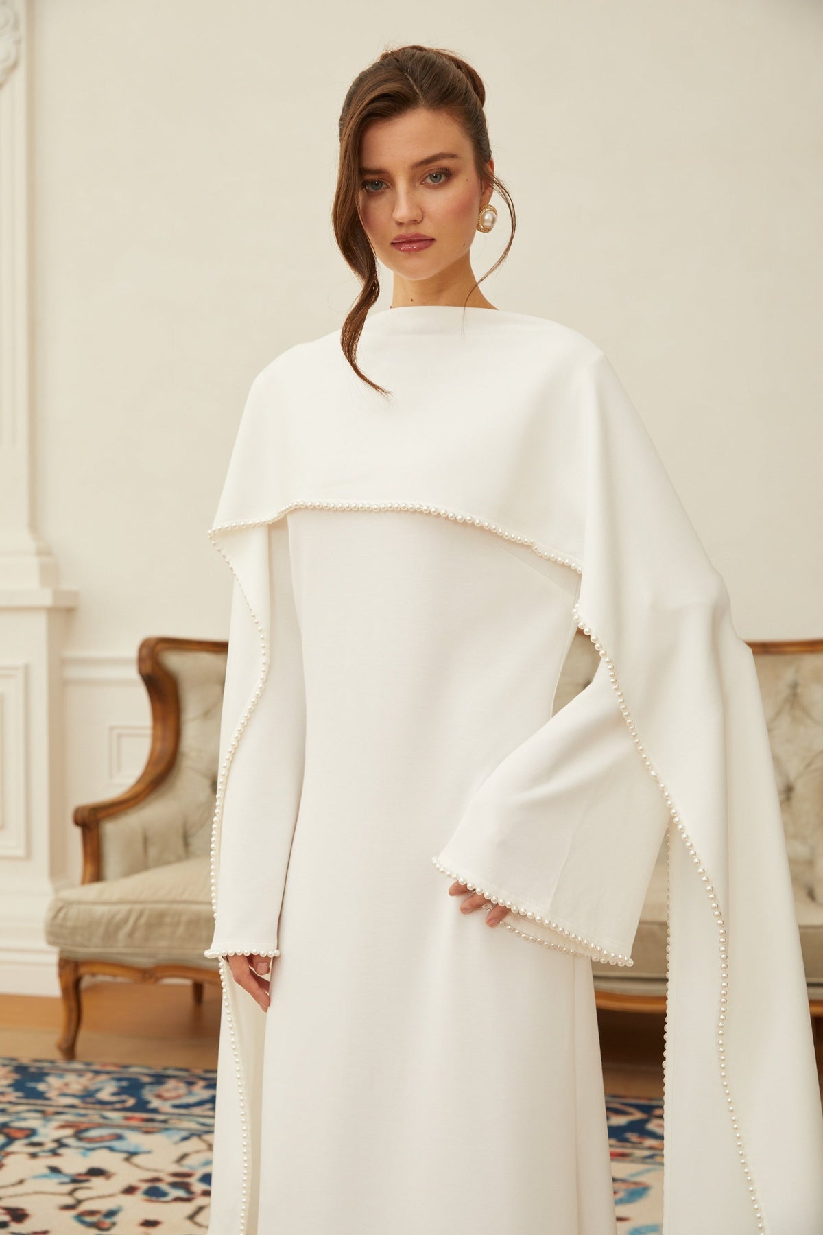 Piroska White Pearl Trim Shawl Detail Maxi Dress
