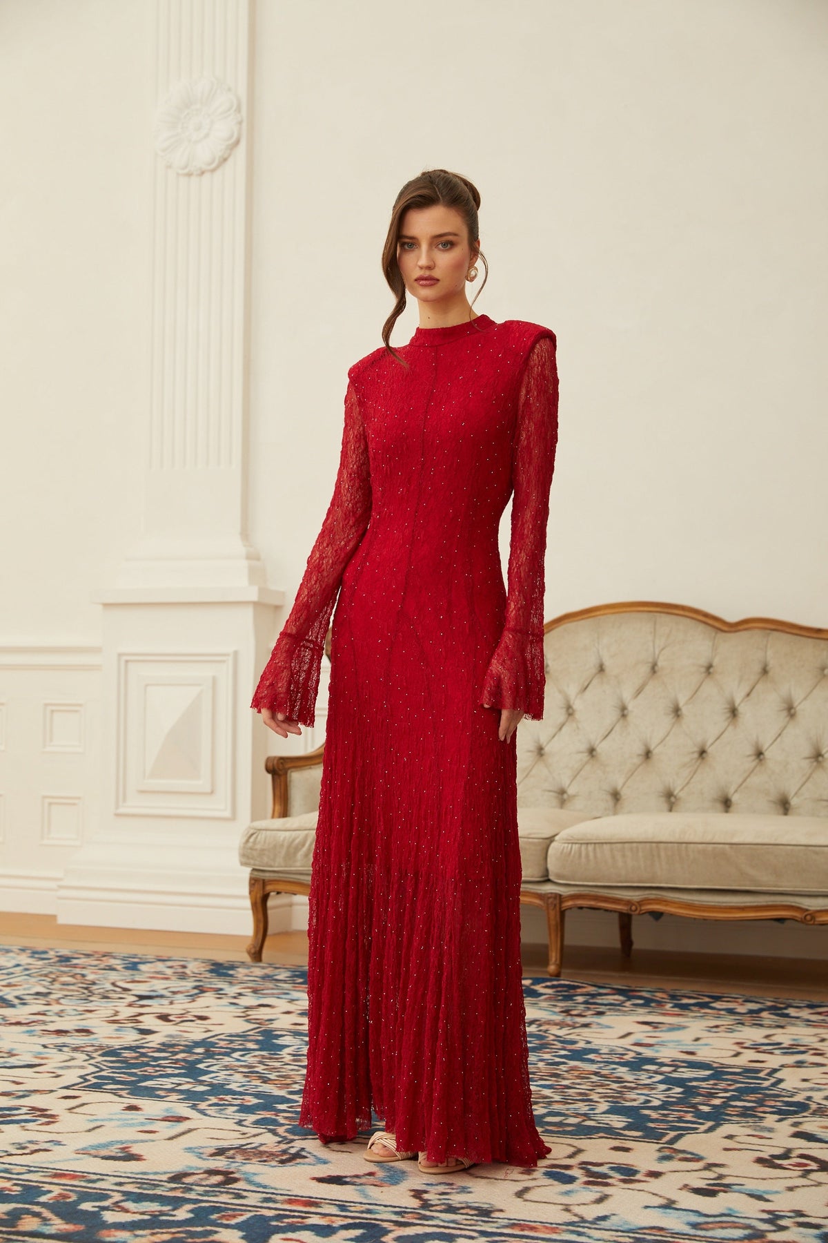 Justyna Red Rhinestone Guipure Lace Maxi Dress