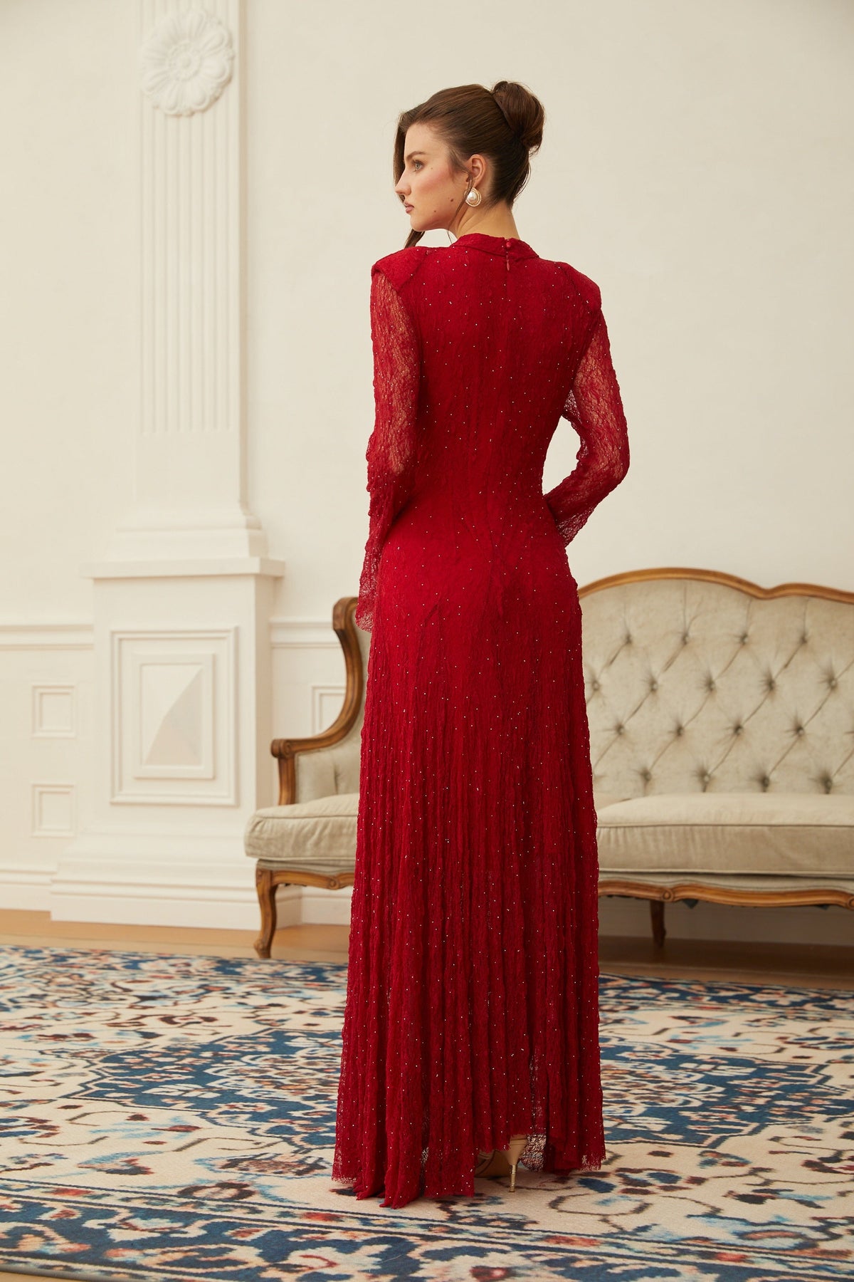 Justyna Red Rhinestone Guipure Lace Maxi Dress  (Final Sale-US Only)