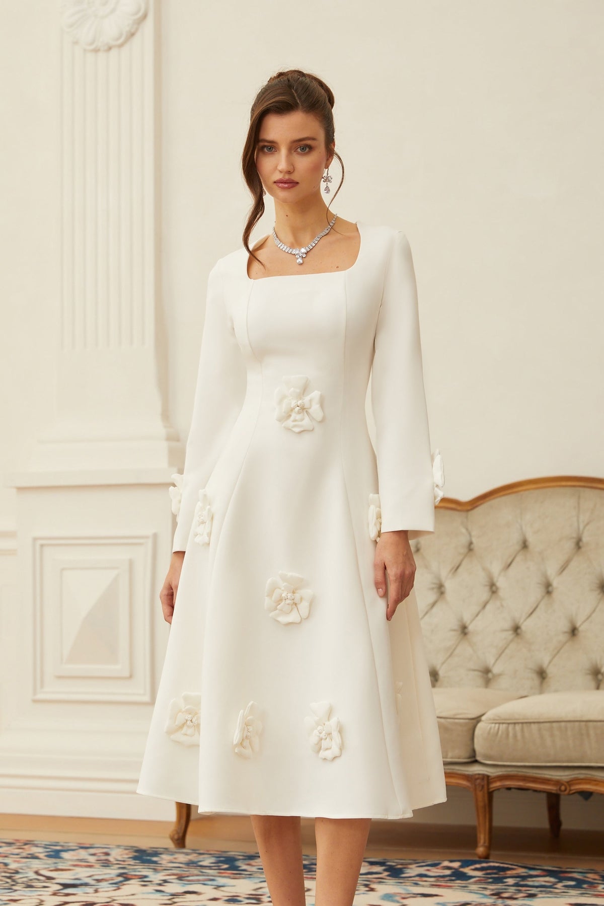 Estrid White 3D Petal Darted Midi Dress