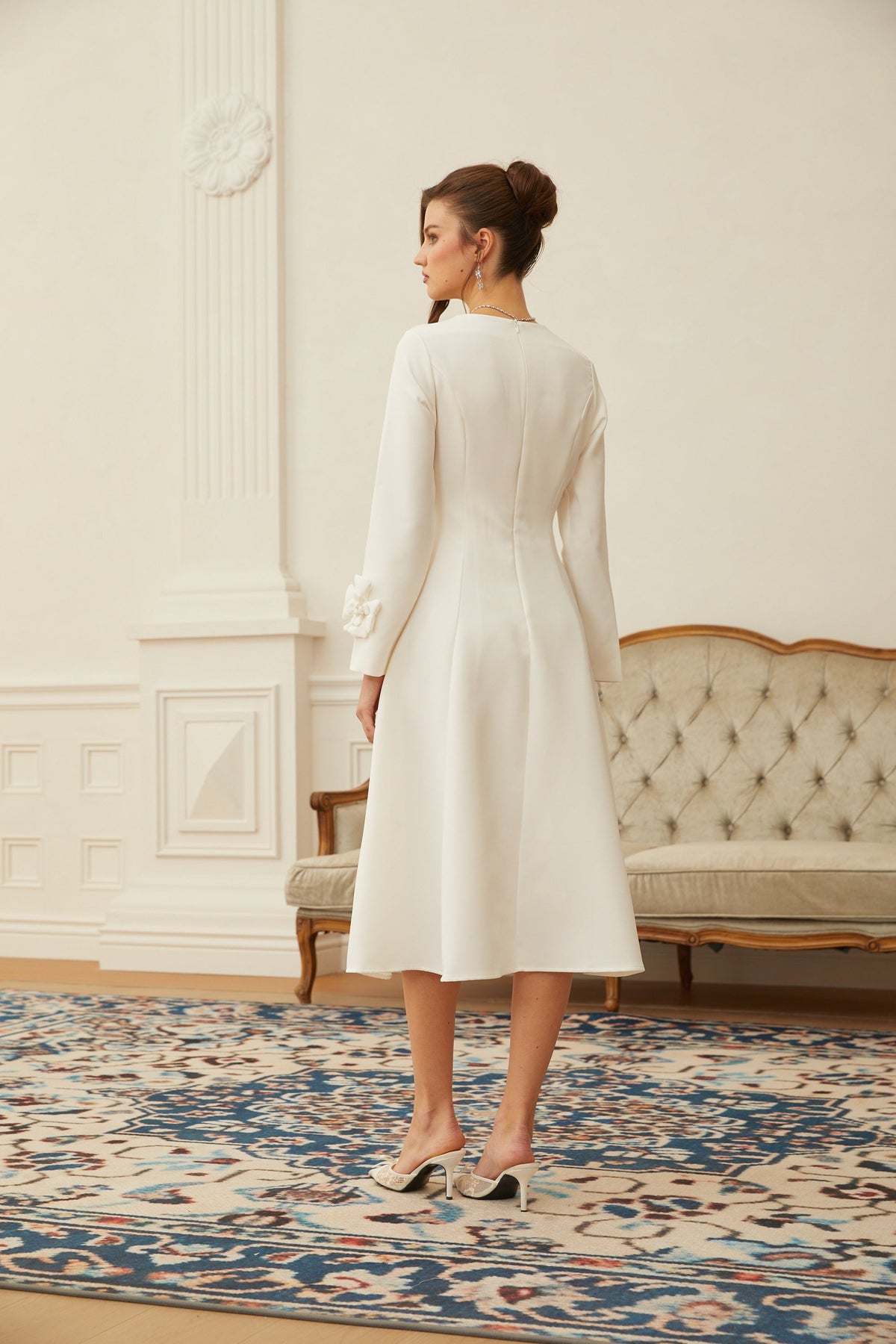 Estrid White 3D Petal Darted Midi Dress