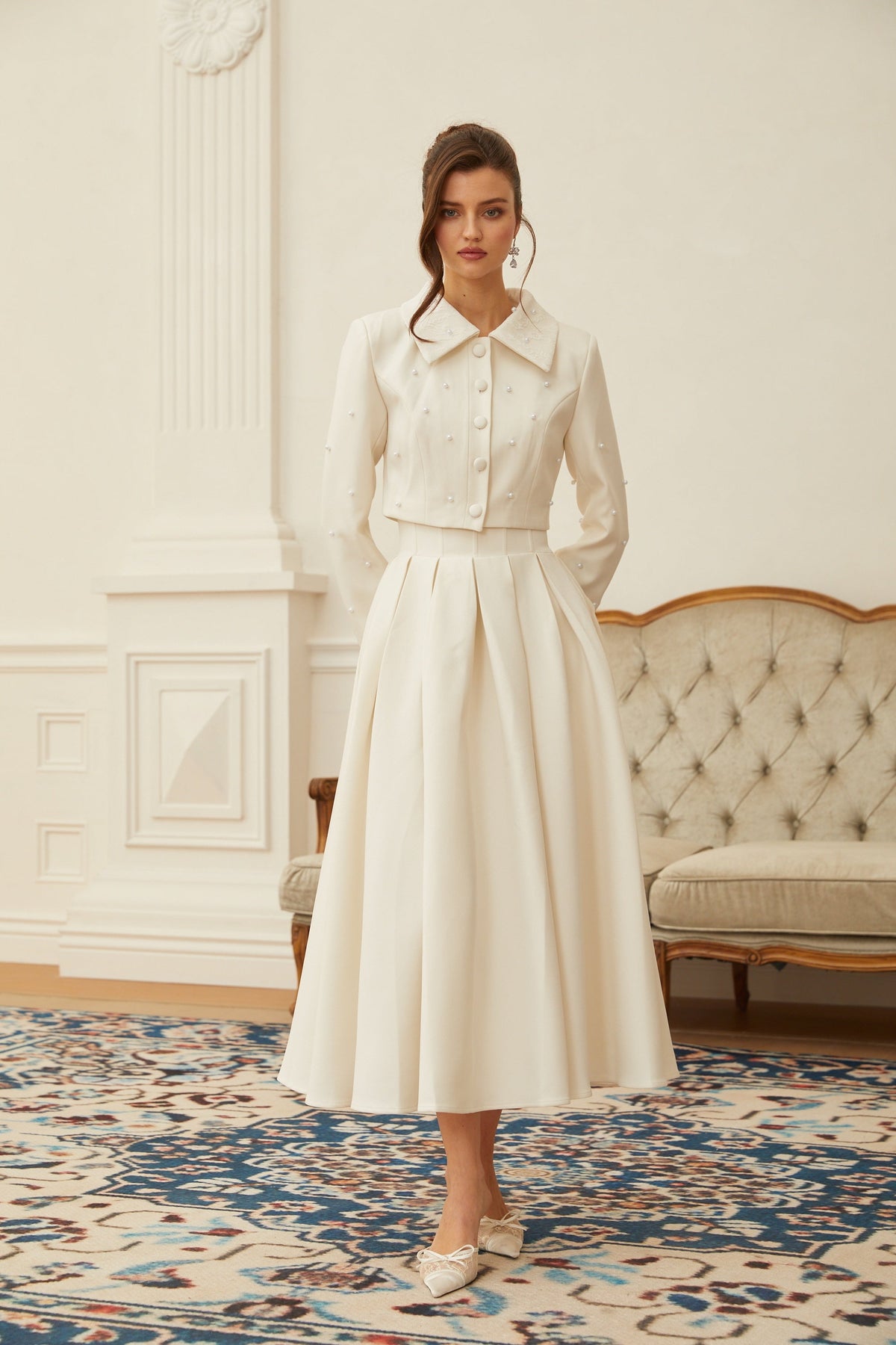 Maja White Faux Pearl Jacket & Pleated Skirt Set