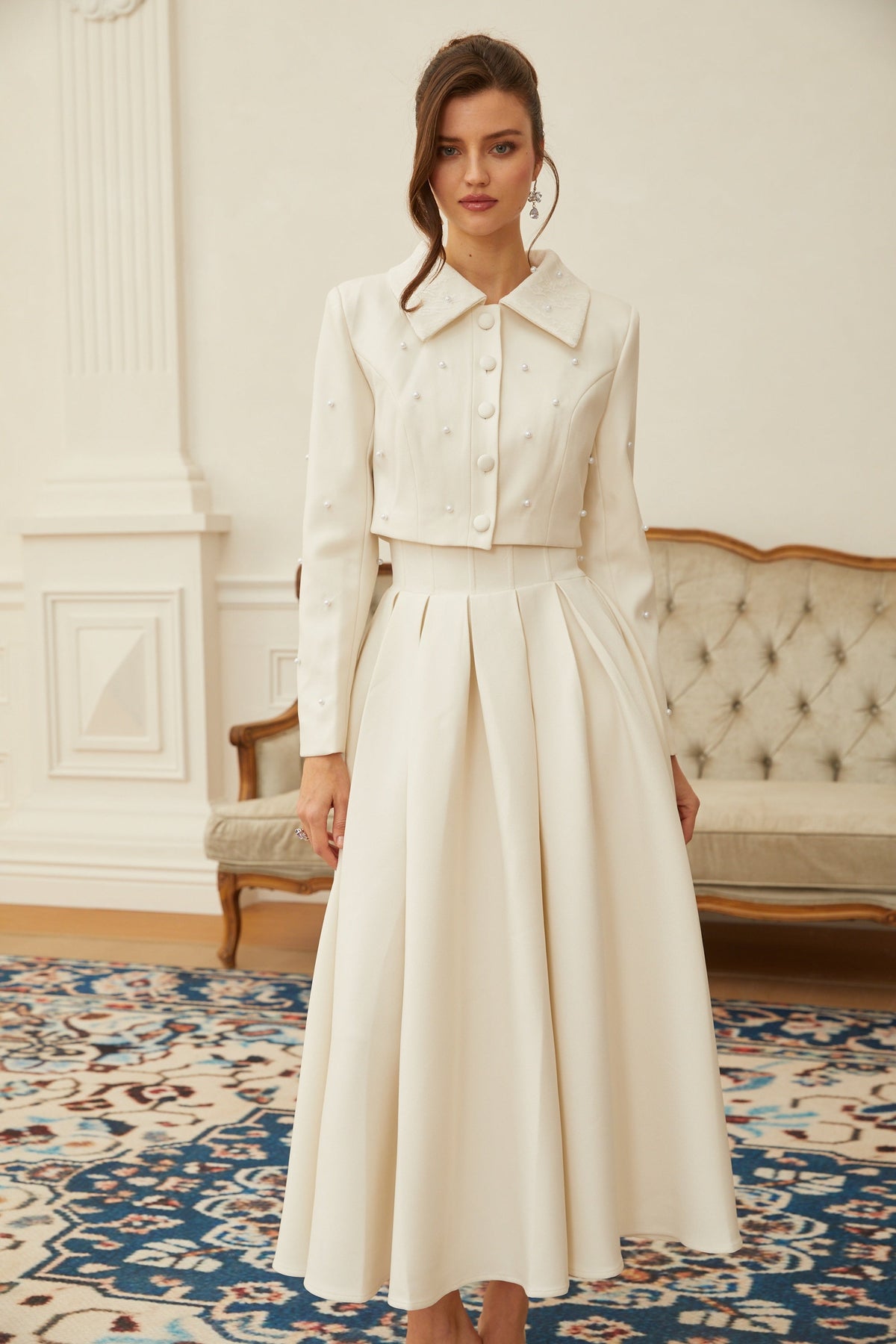 Maja White Faux Pearl Jacket & Pleated Skirt Set