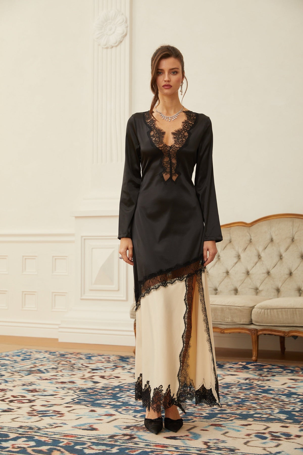 Daniela Black Lace Panel Satin Midi Dress