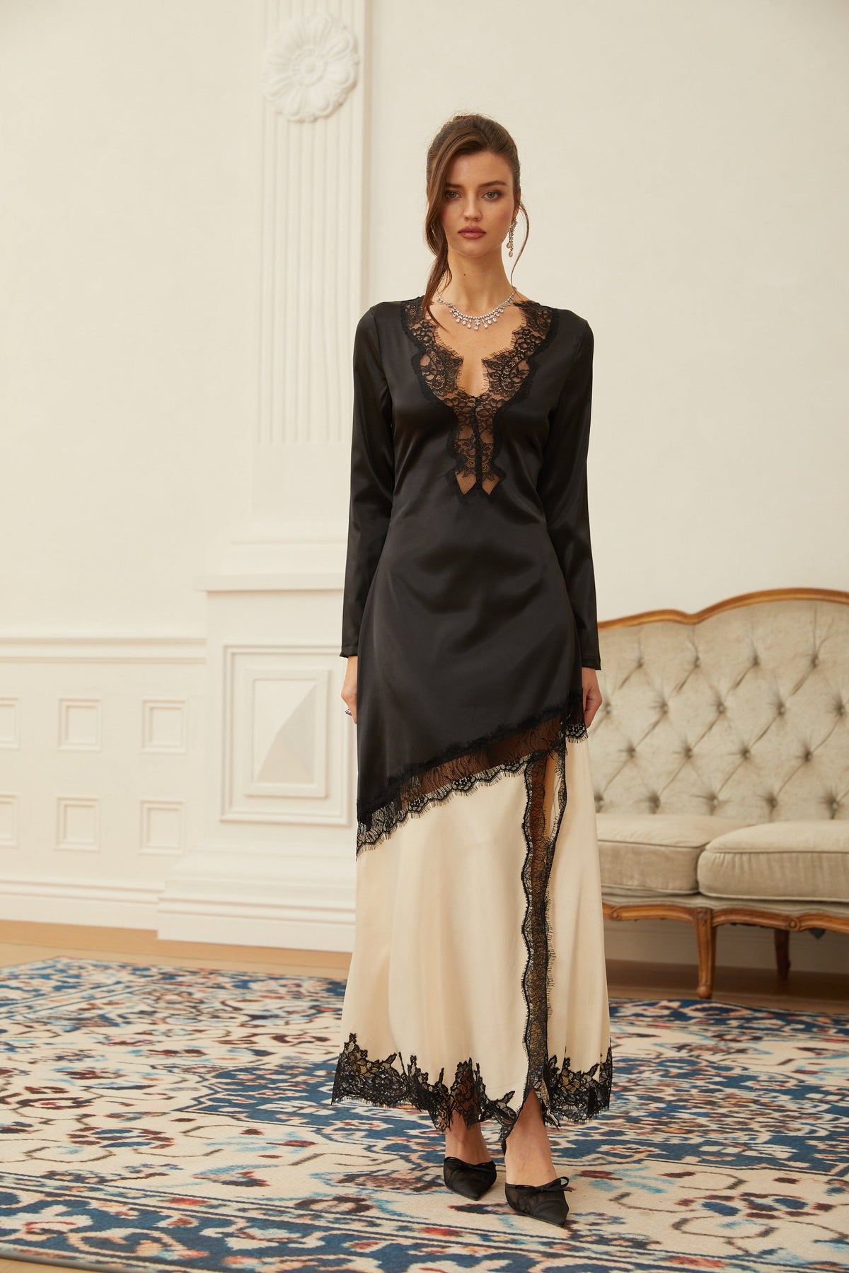 Daniela Black Lace Panel Satin Midi Dress