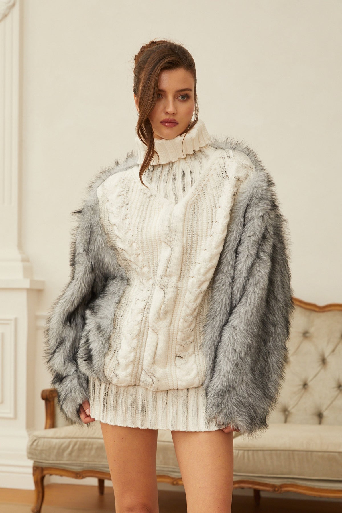 Calypso White Fur Panel Cable Knit Sweater