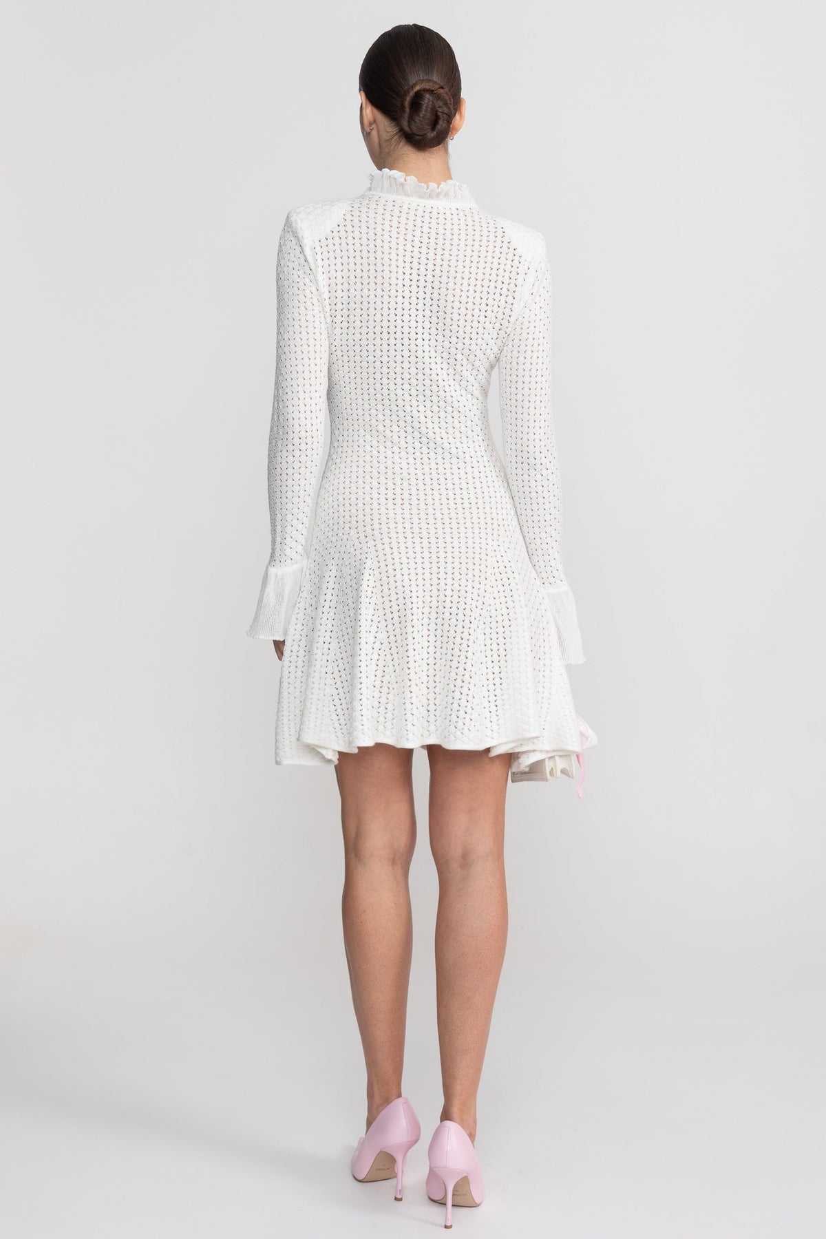 Open-Knit Mini Dress With Ruffle High Neck And Pearl Button Placket - White
