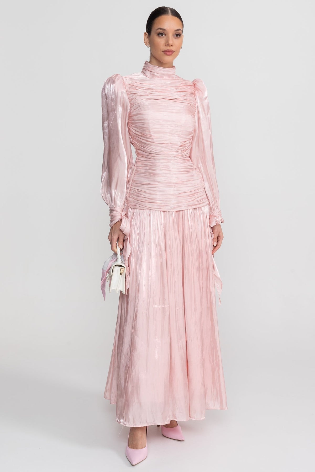 Ruched Long Sleeve Maxi Dress With Pleated Skirt - Blush Pink