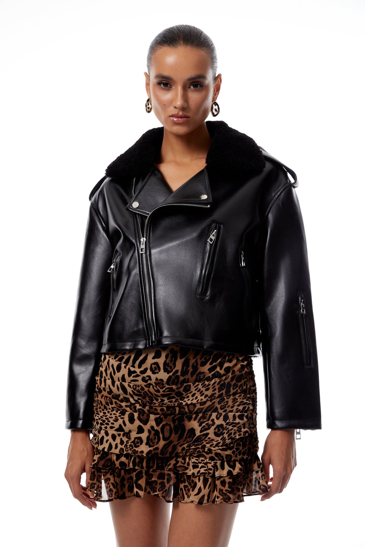 Juliette Black Fur Panel Leather Biker Jacket