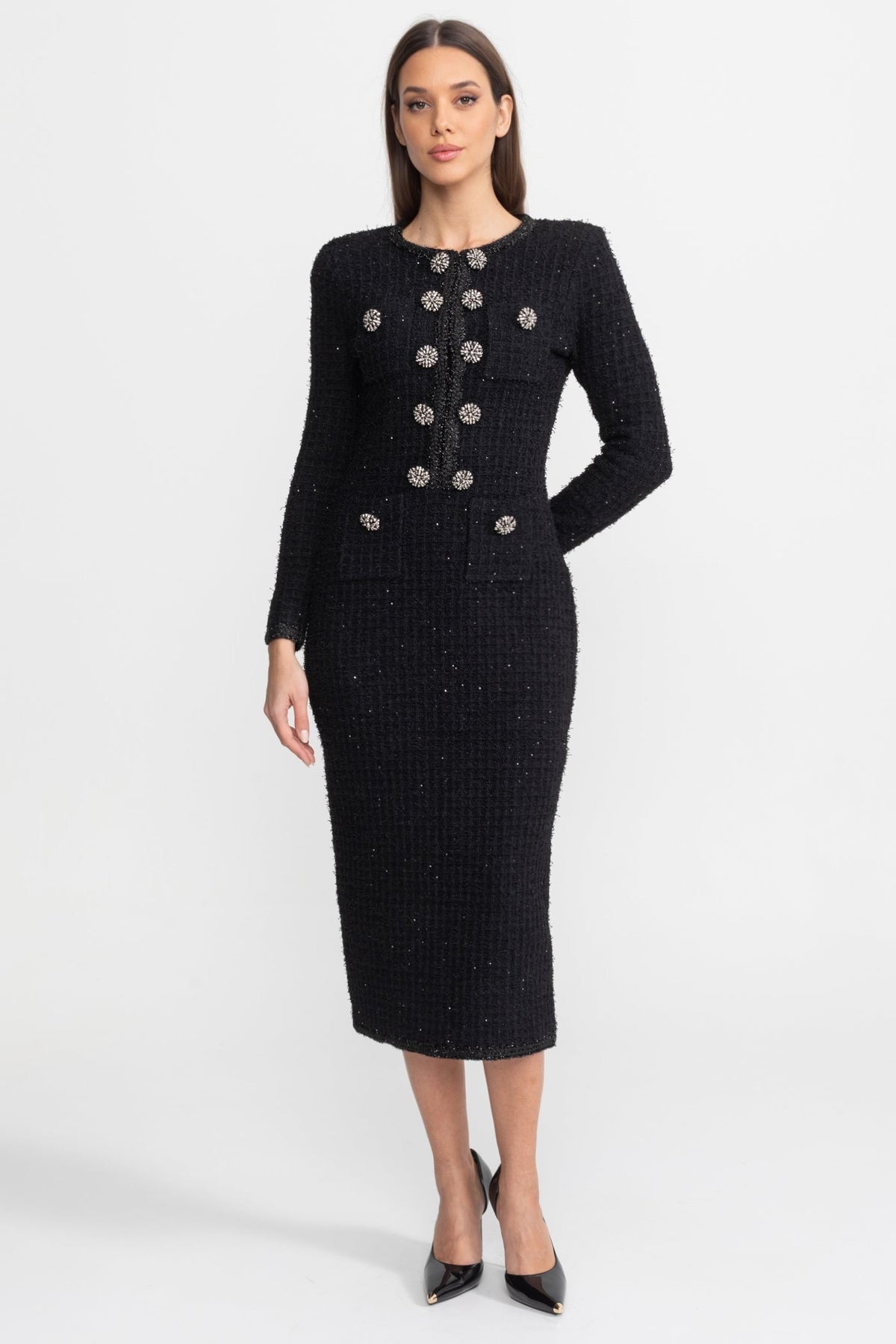 Textured Tweed Midi Dress with Crystal Button Detail – Black