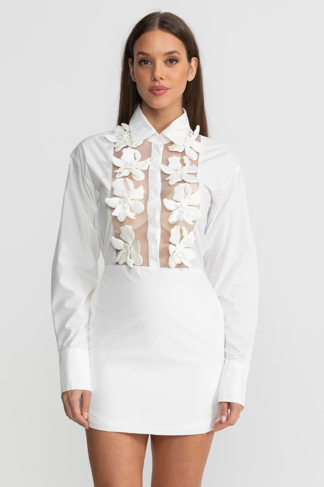 Sheer Panel Mini Shirt Dress With 3D Floral Appliqué – White