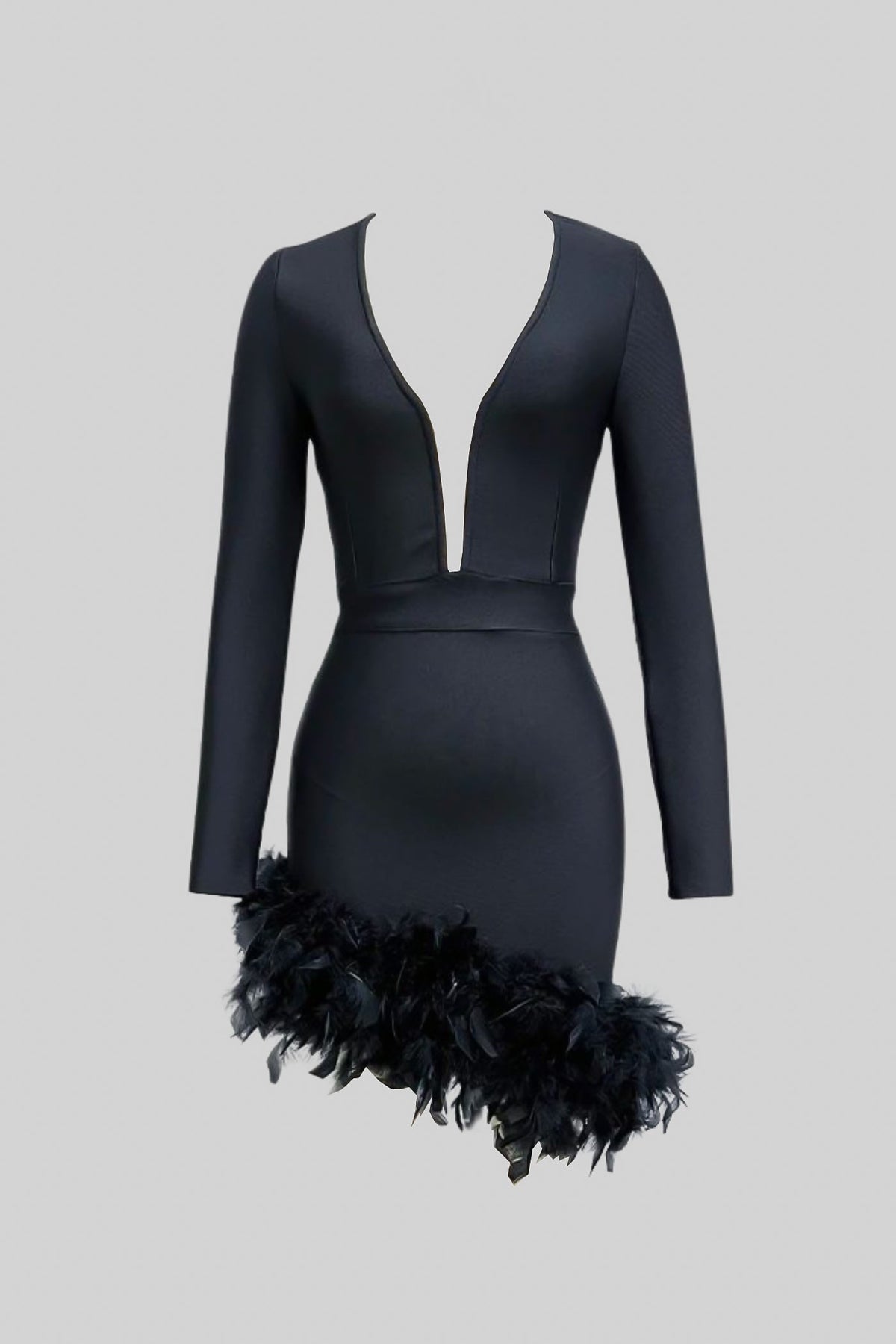 Feather Trim Mini Dress With Deep Neckline – Black