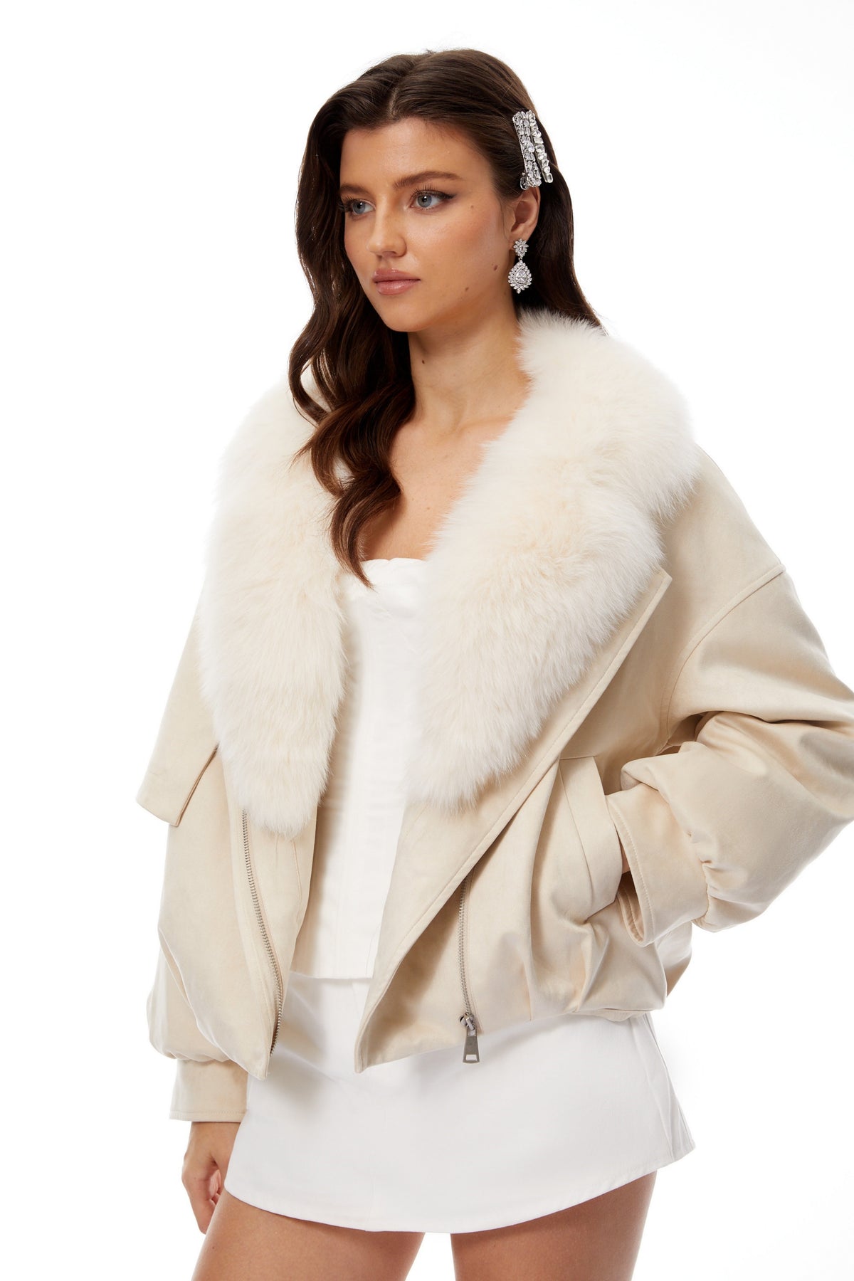 Valeria White Fur Lapel Suede Biker Jacket