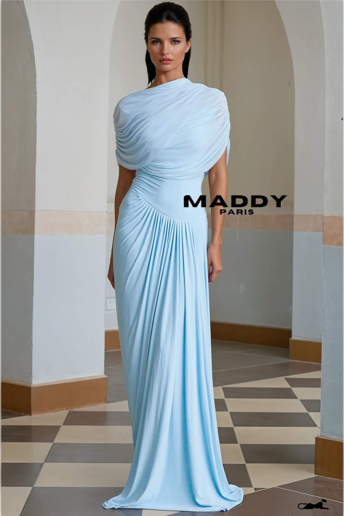 Catherine asymmetrical pleated maxi dress in Baby-blue