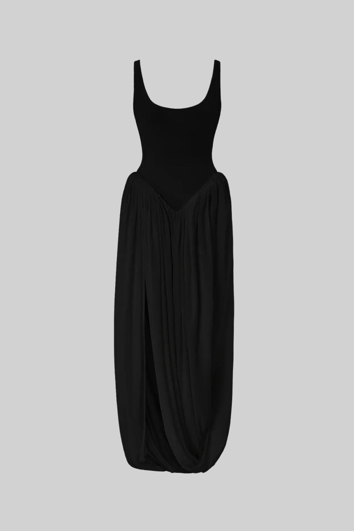 Draped Maxi Dress With Sculptural Skirt And Side Slit - Black