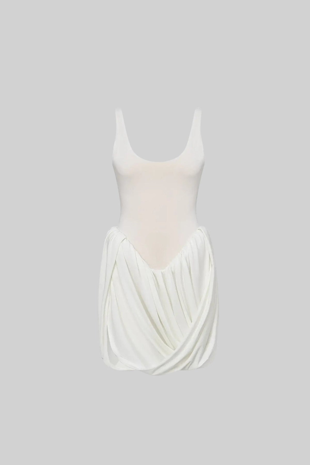 Draped Mini Dress With Sculptural Skirt And Side Slit - White