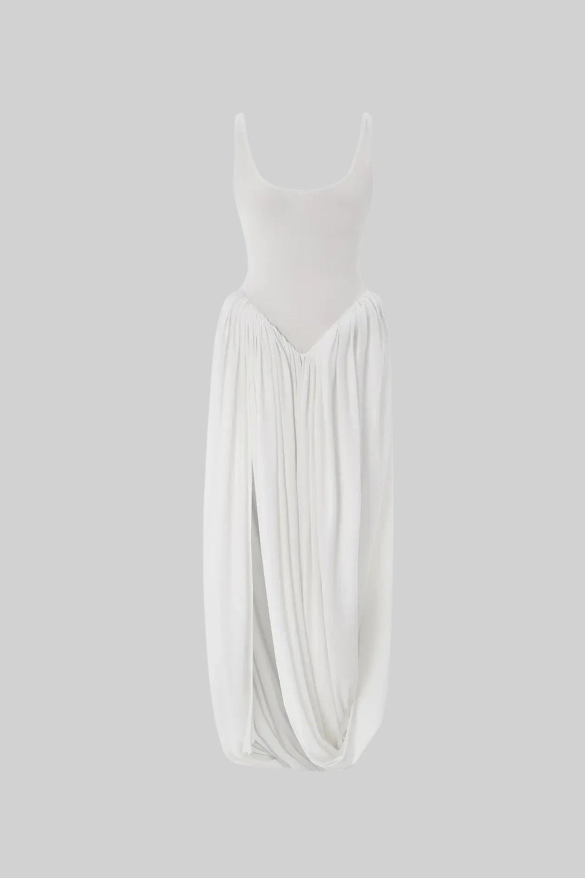Draped Maxi Dress With Sculptural Skirt And Side Slit - White