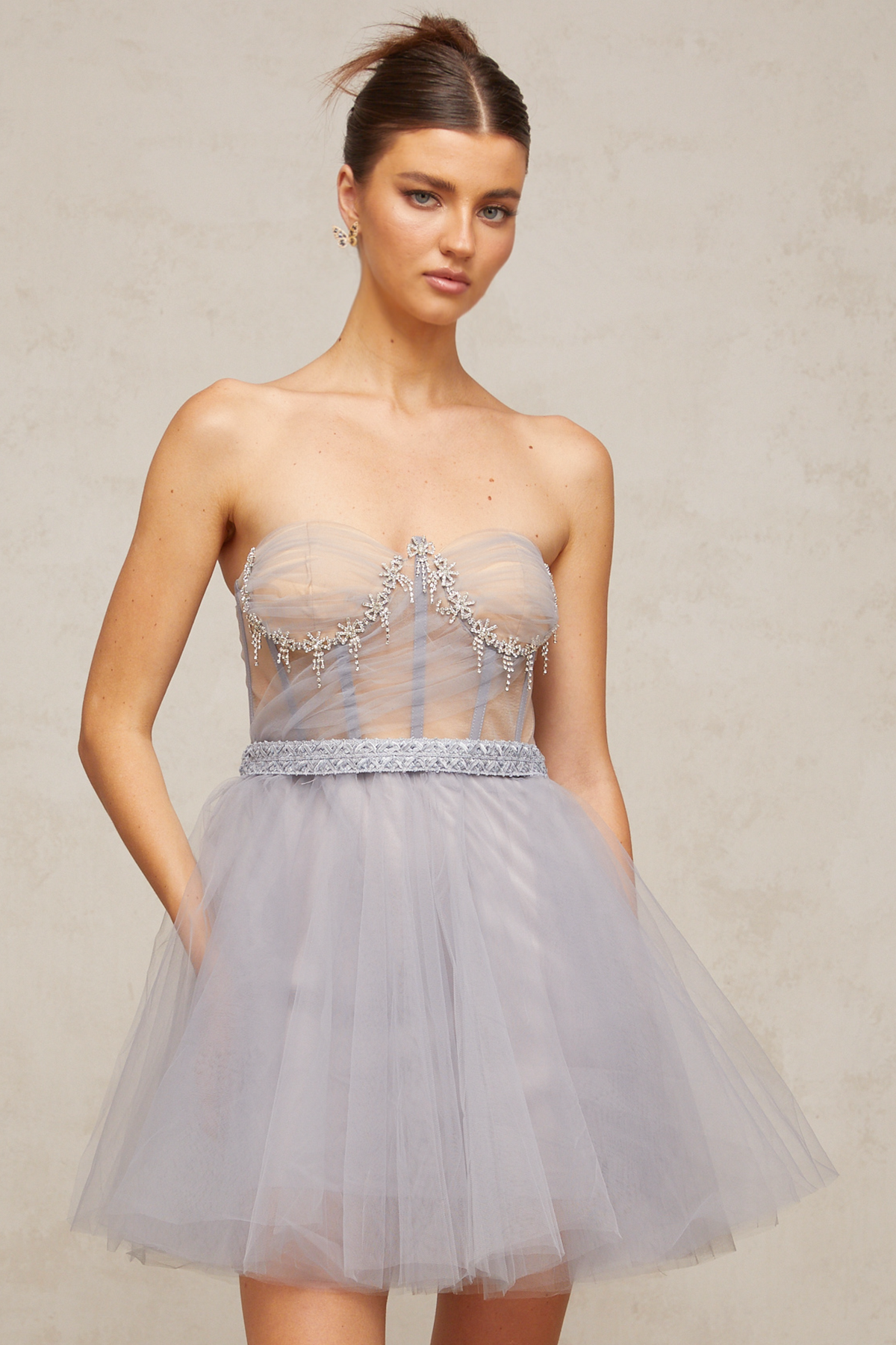 Aloïse grey embellished puff tulle mini dress