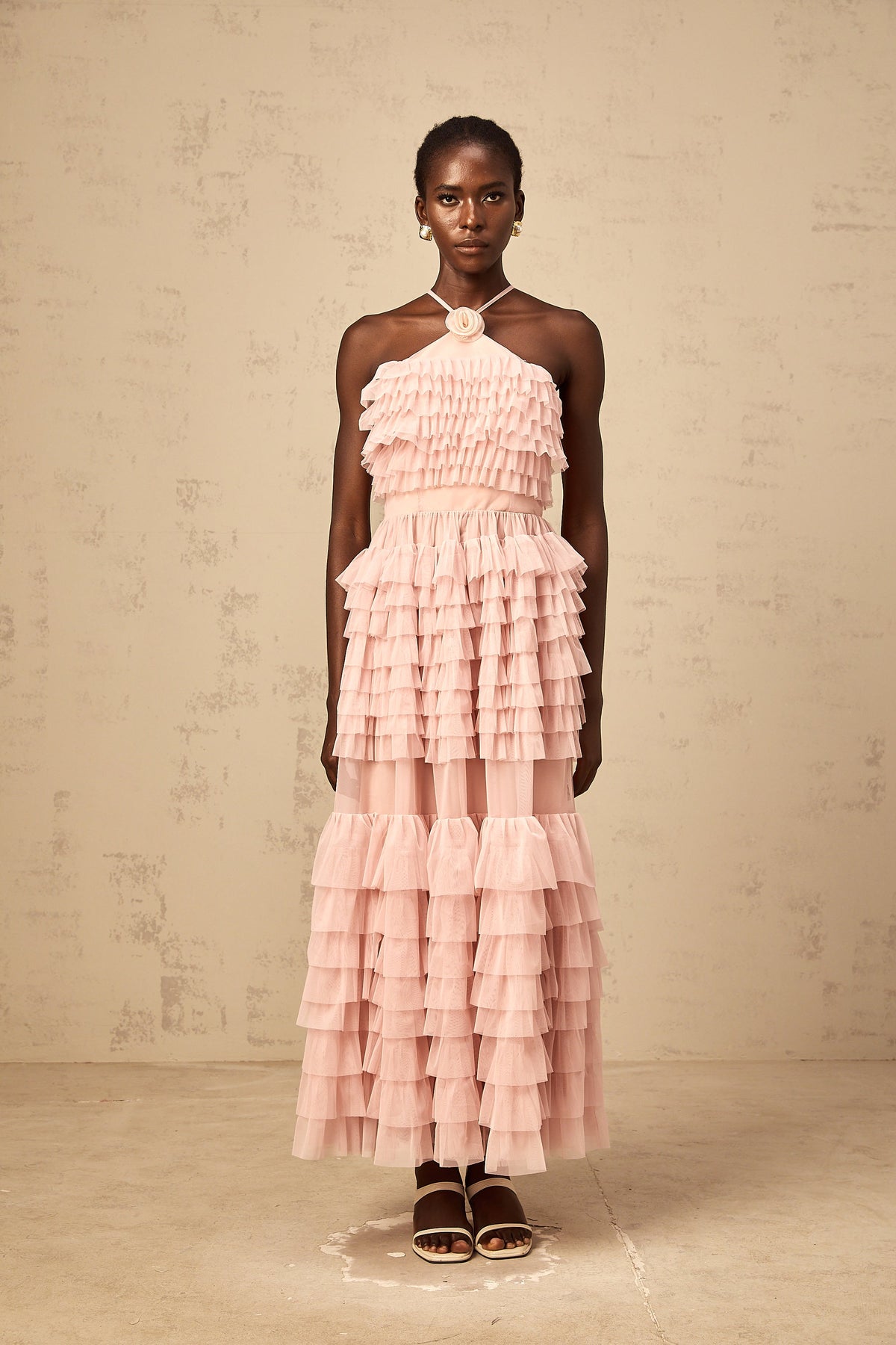 Isabelle pink petal-brooch ruffled tiered tulle maxi dress