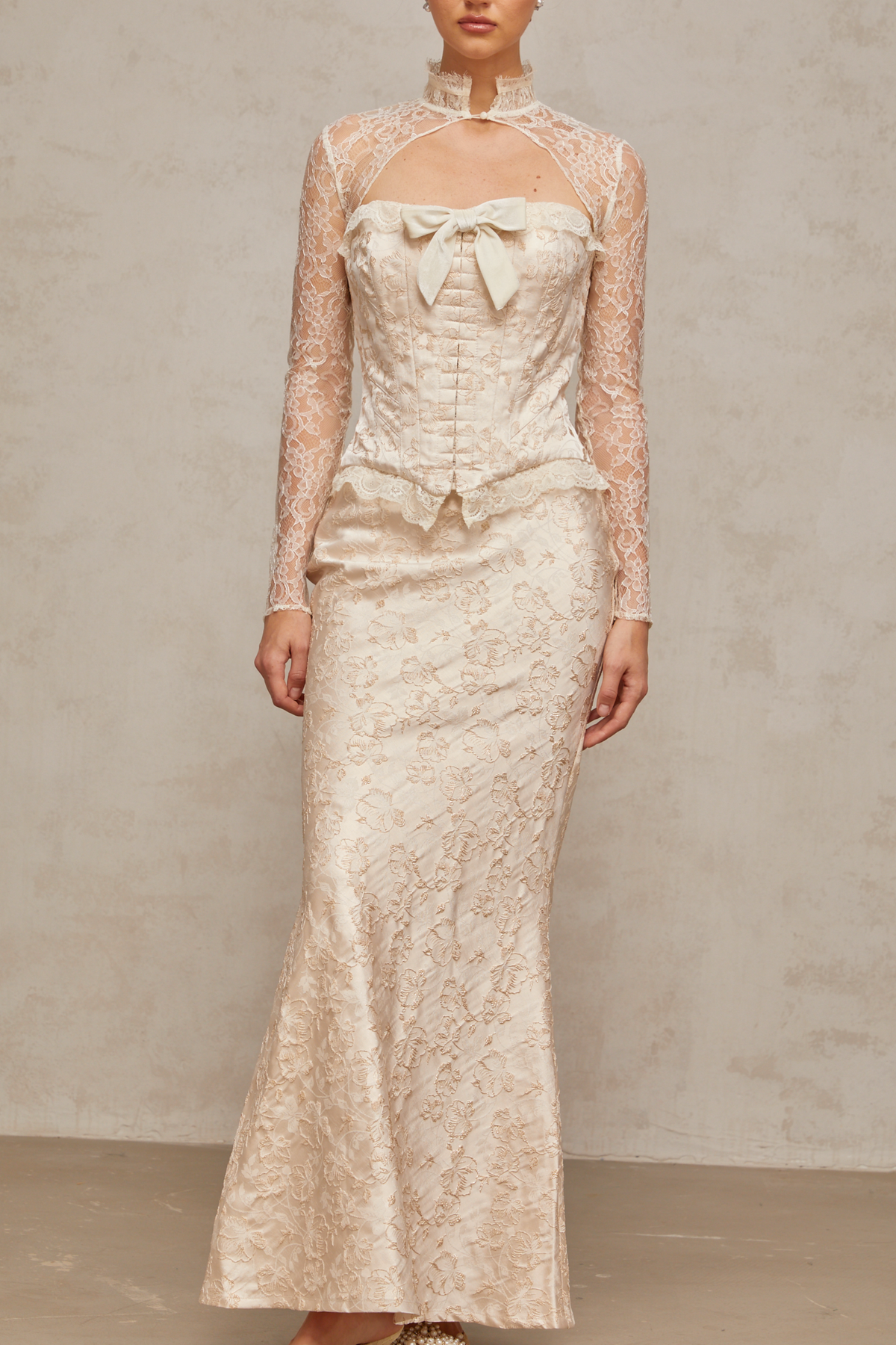 Zoéline ivory patterned-jacquard top & skirt matching set