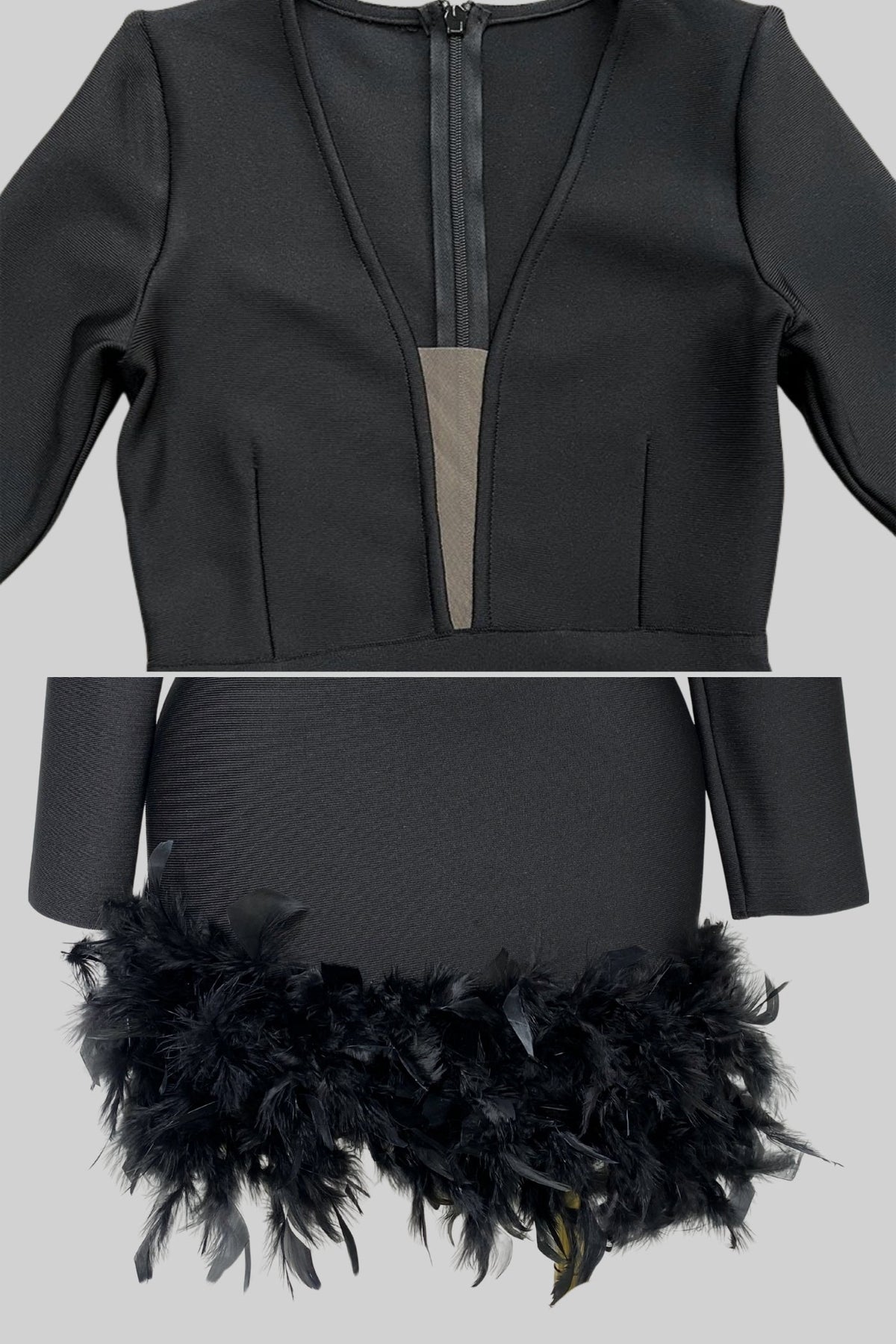 Feather Trim Mini Dress With Deep Neckline – Black