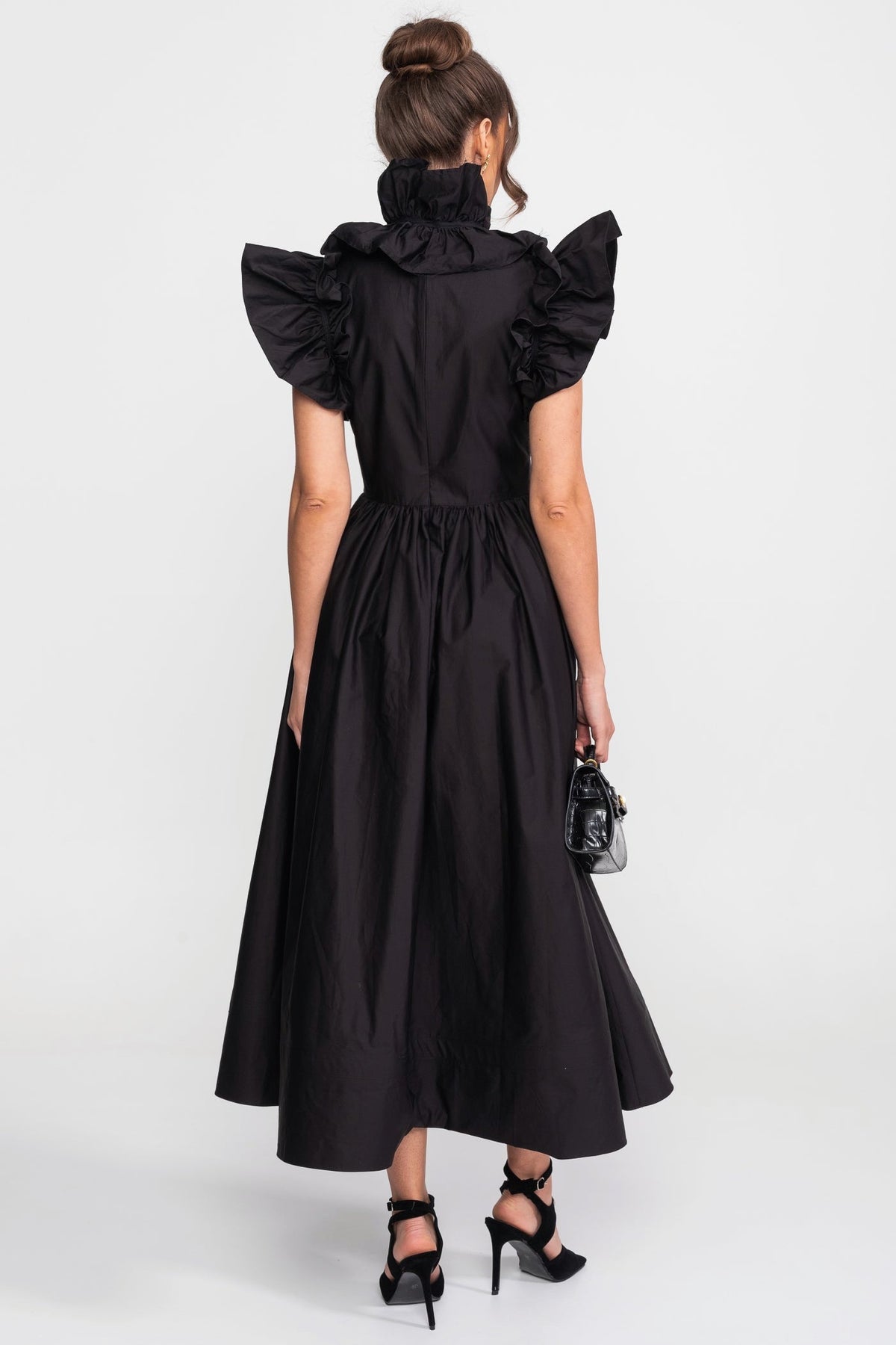 High-Neck Maxi Dress With Dramatic Ruffle Bib Front - Black