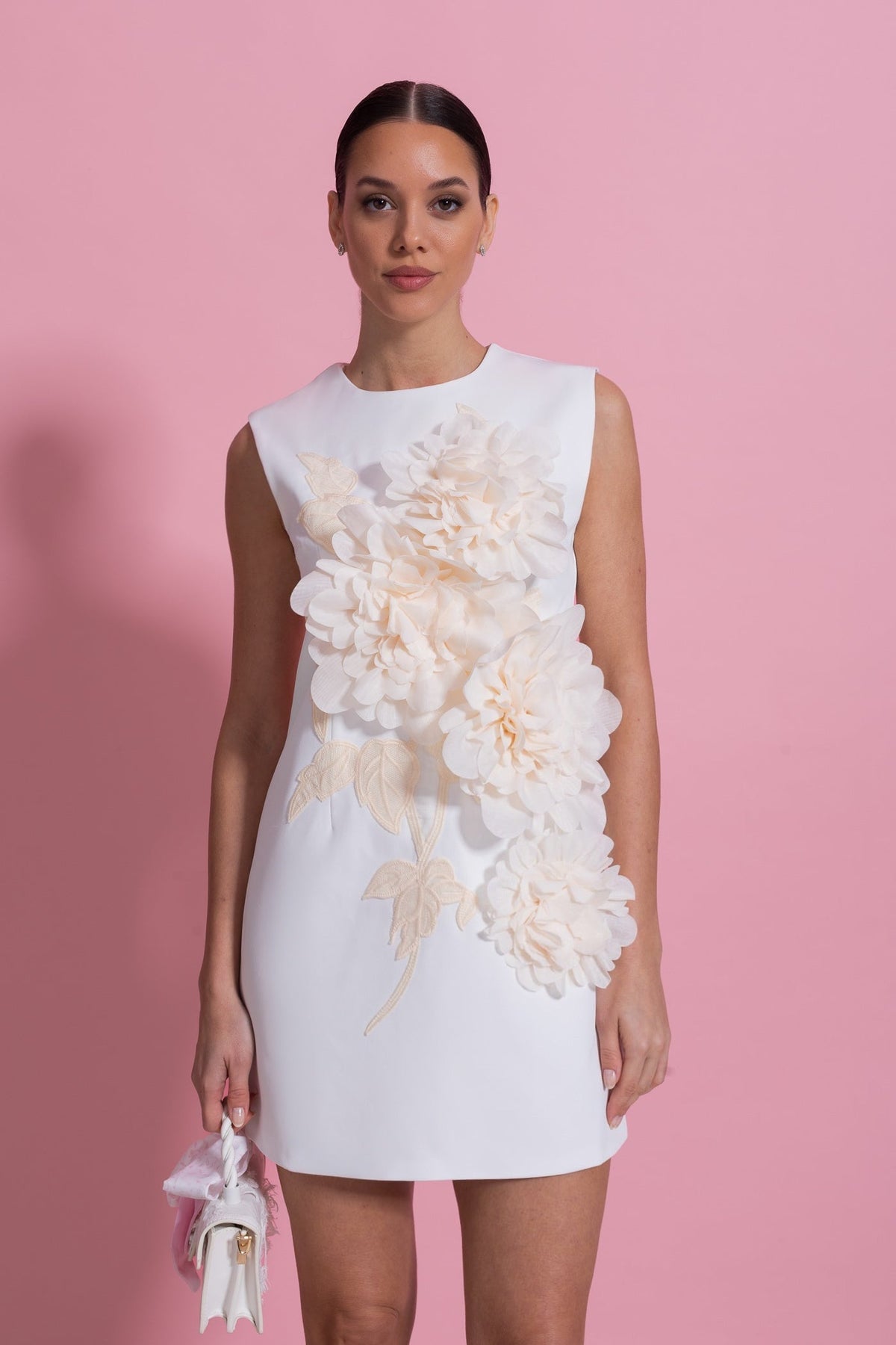 Sleeveless Mini Dress With Round Neckline And 3D Floral Appliqué - White