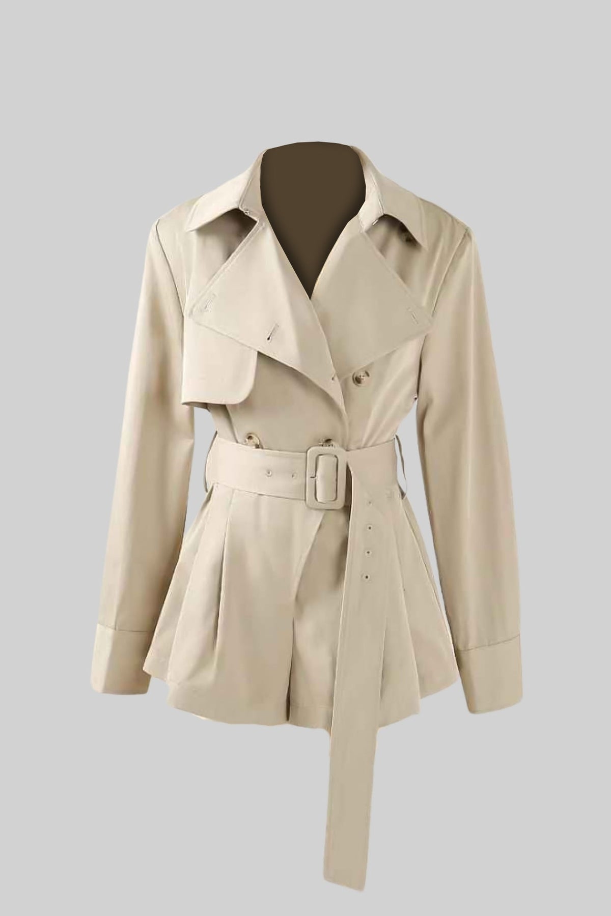 Trench Jacket with Belted Waist and Structured Lapel - Beige