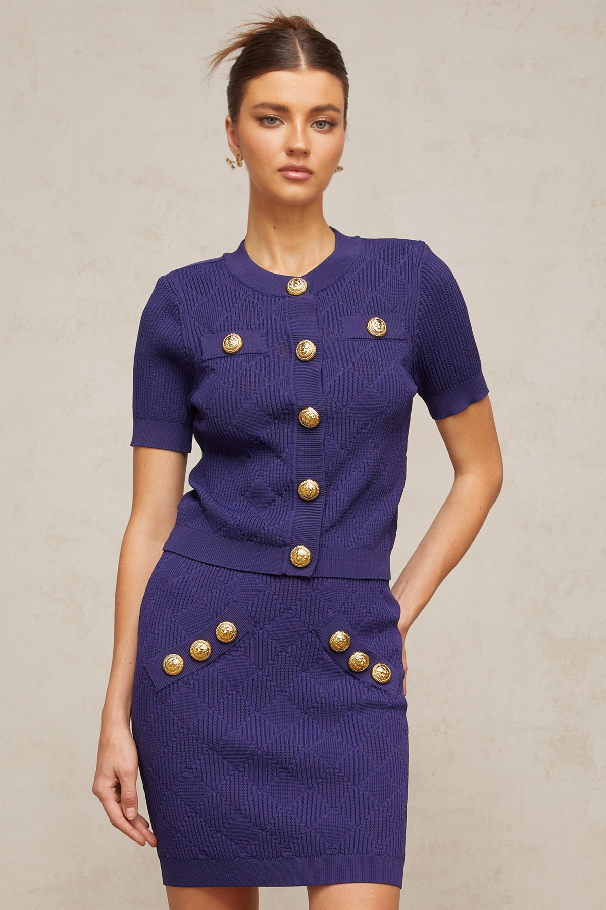 Yseut blue plaid-check knit top & skirt matching set
