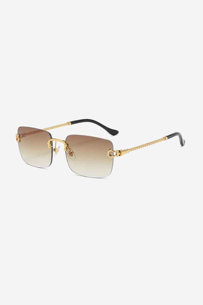 Rimless Square Sunglasses with Twisted Gold Rope Temples – Brown Gradient