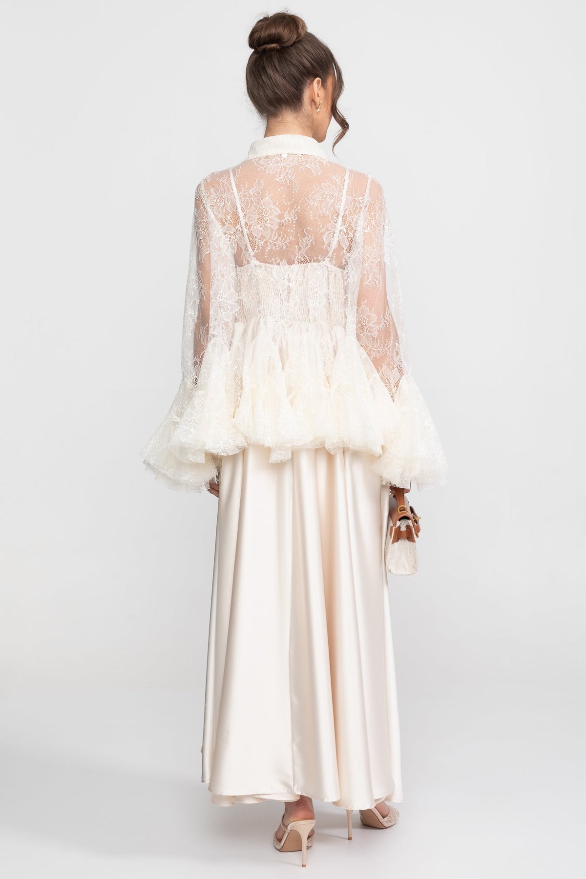 Sheer Lace Peplum Blouse With Ruffle Hem And Satin Maxi Skirt - Ivoire
