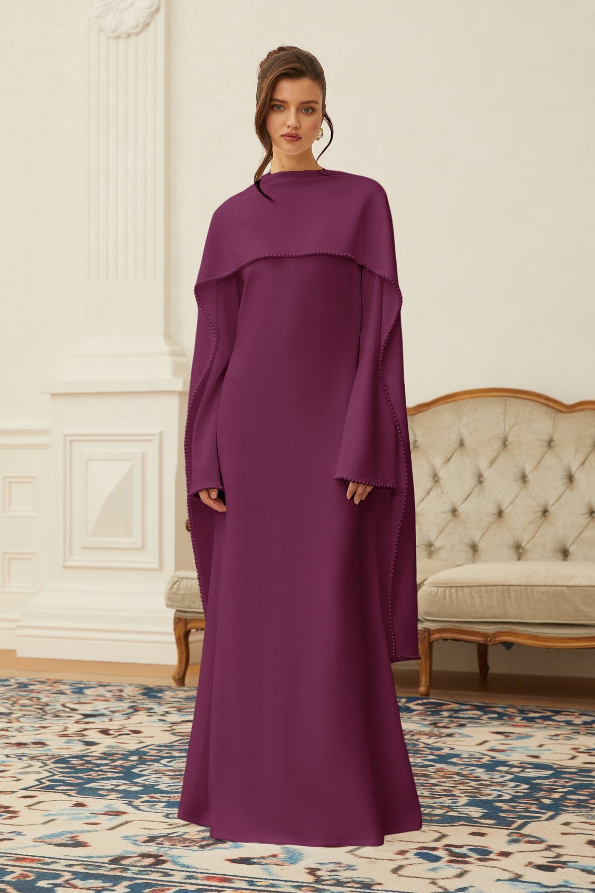 Piroska Purple Pearl Trim Shawl Detail Maxi Dress