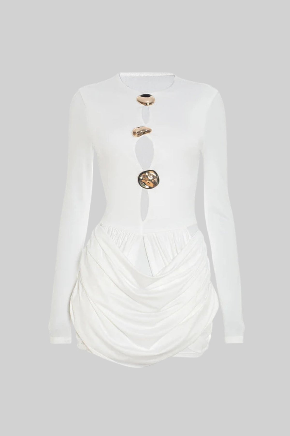 Draped Cut-Out Mini Dress With Sculptural Buttons – White
