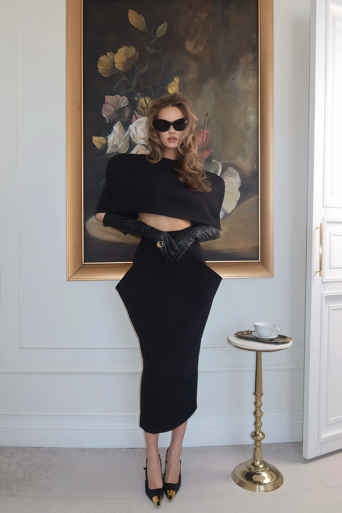 Shiva Black Structured Cape & Asymmetrical Skirt Set