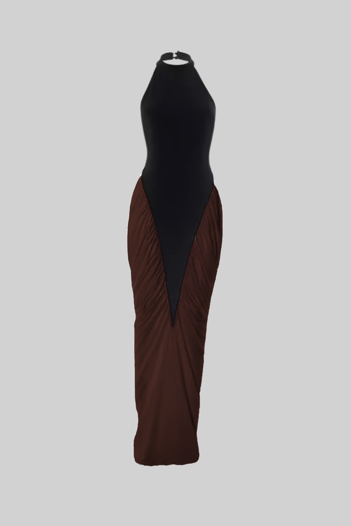 Halter Maxi Dress with  Contrasting Ruched Paneling - Black/Brown