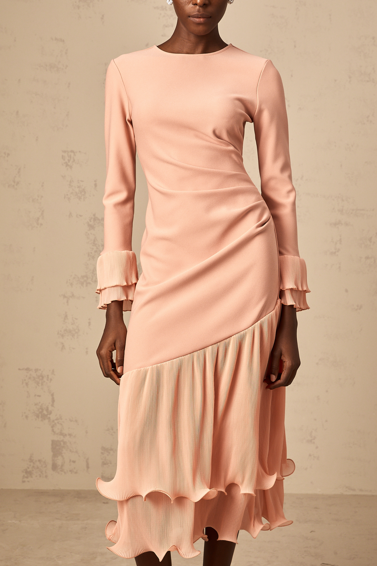 Fleurida ruffled-trim panelled midi dress in Pink