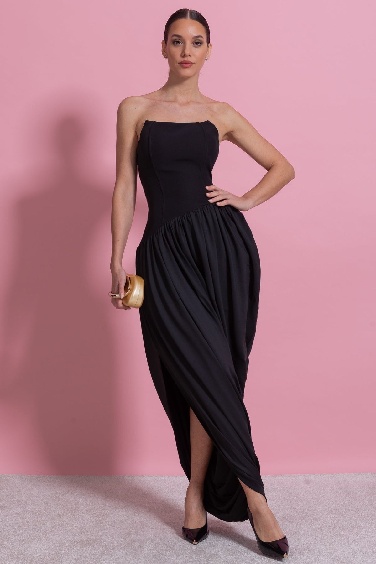 Strapless Maxi Dress With Asymmetric Draped Skirt - Black