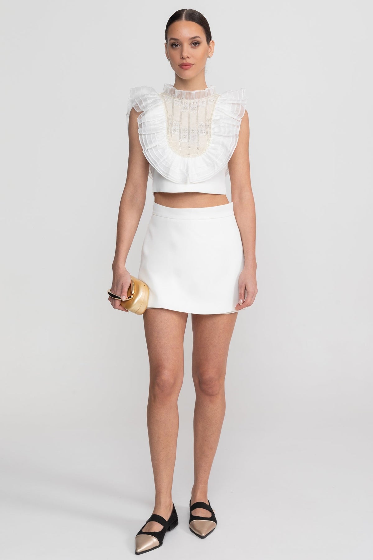 Sleeveless Co-Ord Set With Pleated Ruffle Bib Detail  - White