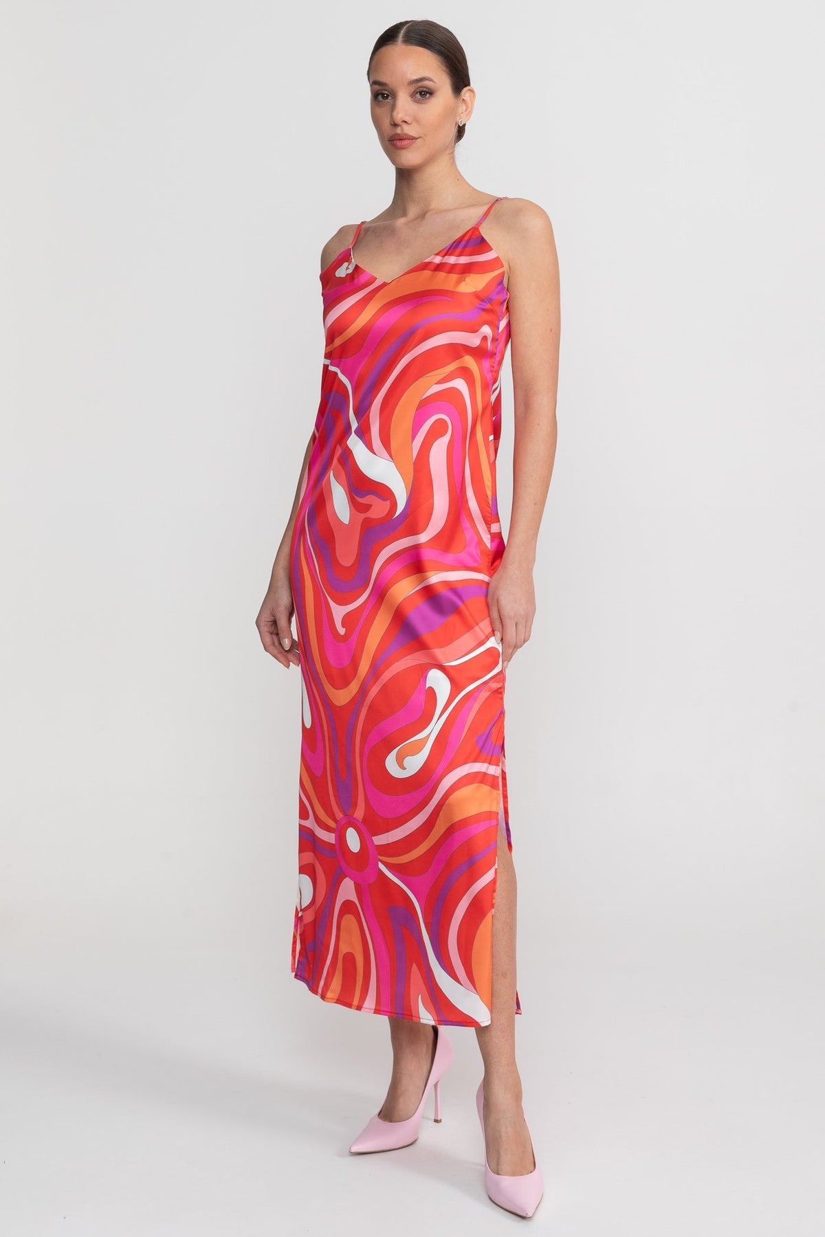 Printed Strappy Midi Dress With Abstract Swirl Pattern - Red