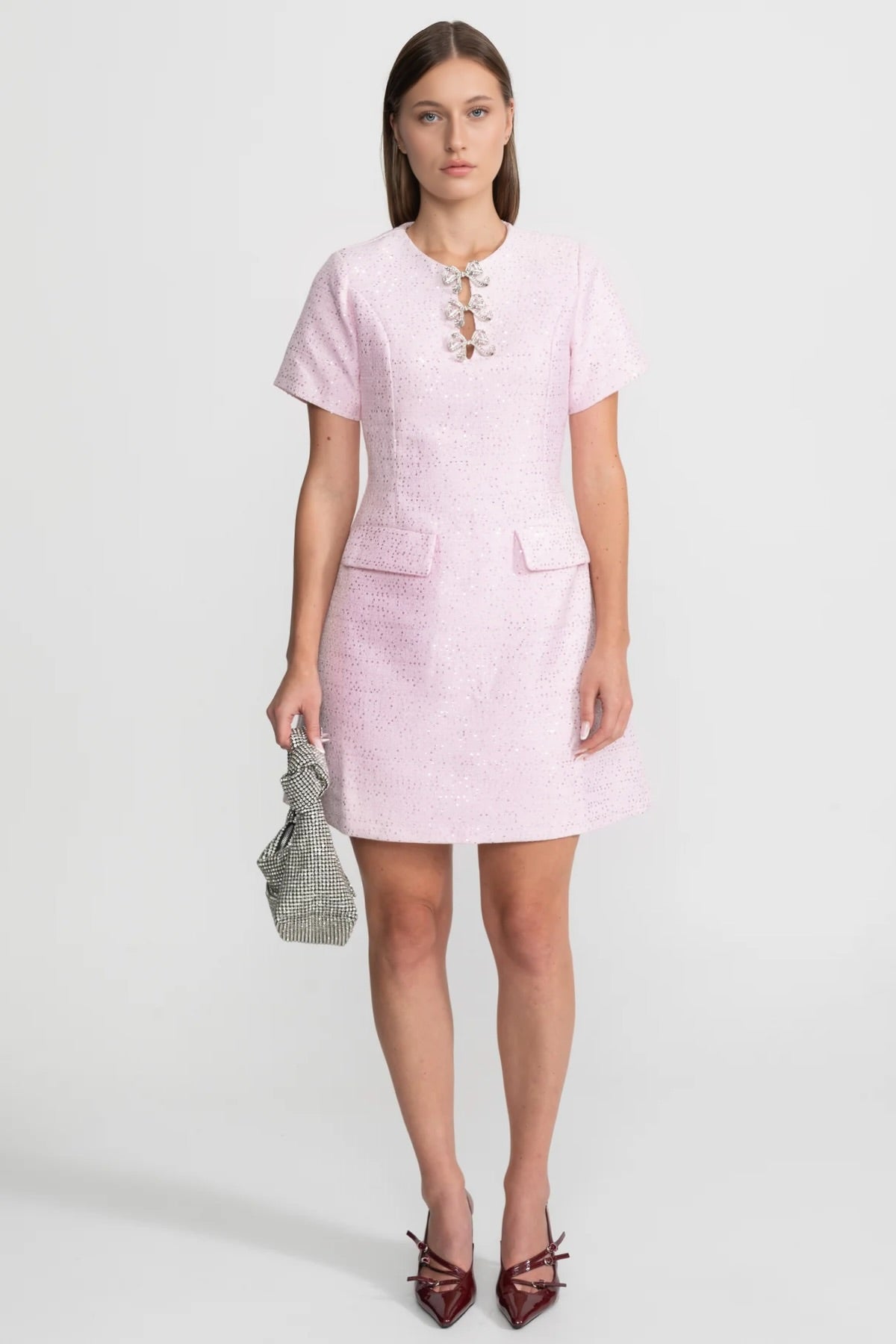 Sequin Mini Dress with Crystal Bow Accents - Pink