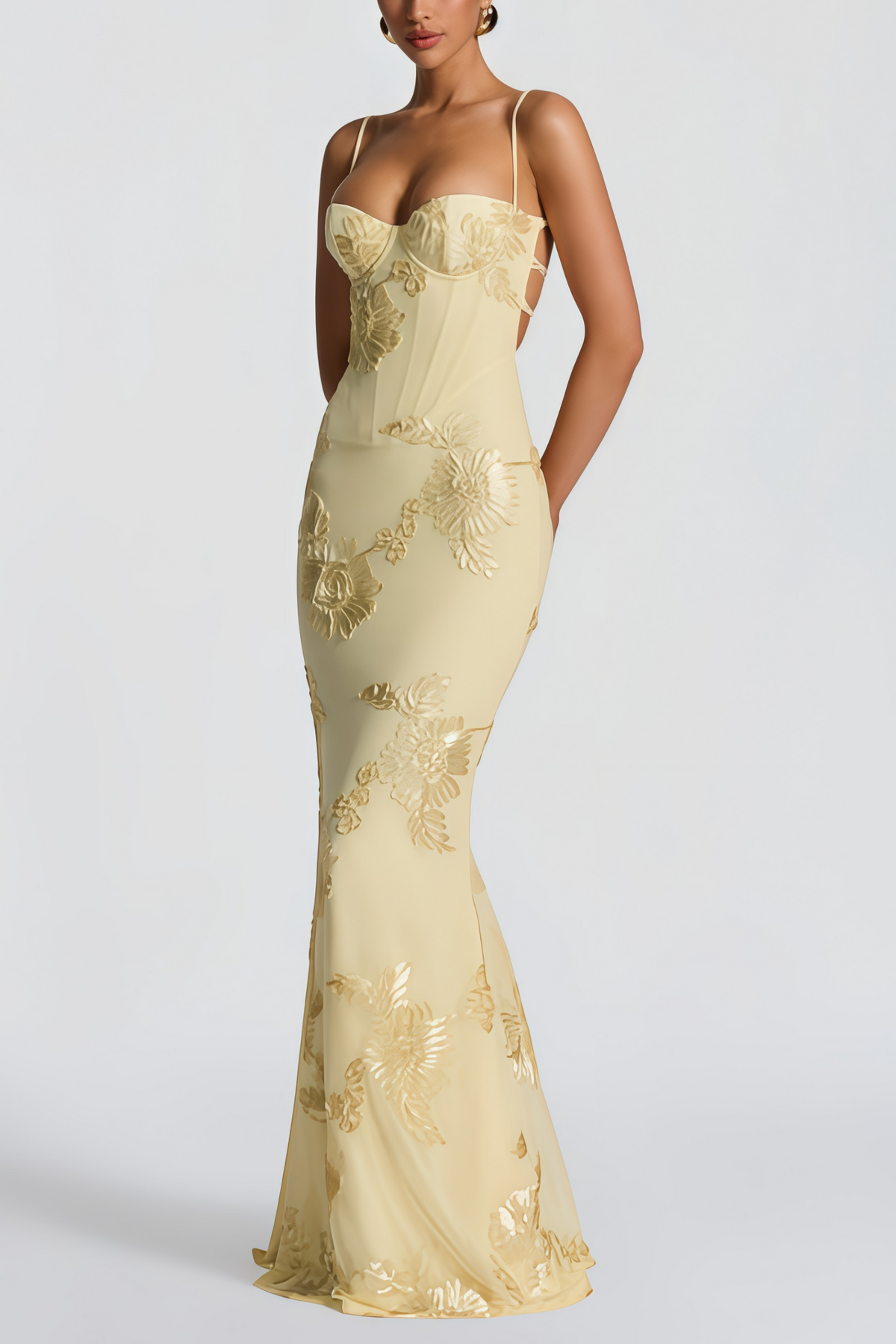 Théoline Yellow Floral Appliqué Corset Maxi Dress (Final Sale-US Only)