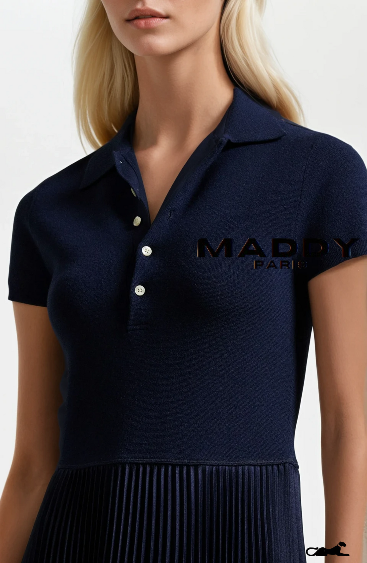 SANDRO VICTOIRE SILK-WOOL POLO PLEATED KNIT MIDI DRESS – Dark Blue