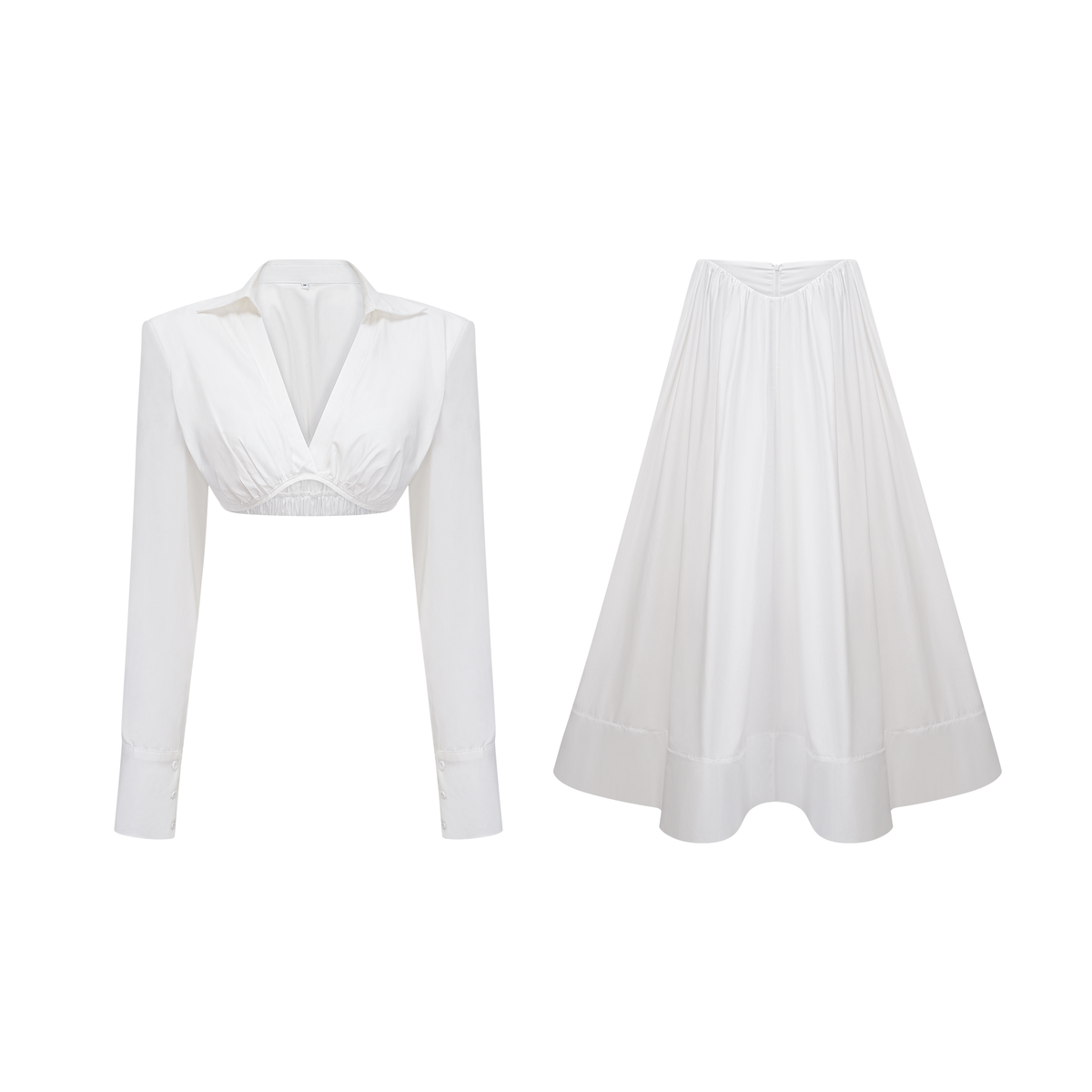 Caterina White Shirred Shirt & Skirt Set