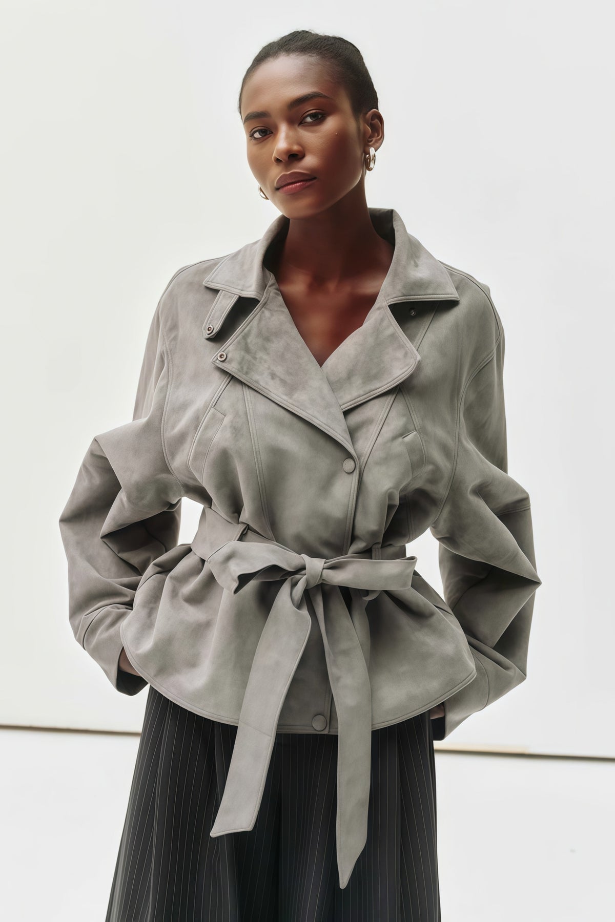 Aveline Grey Belted Suede Biker Jacket