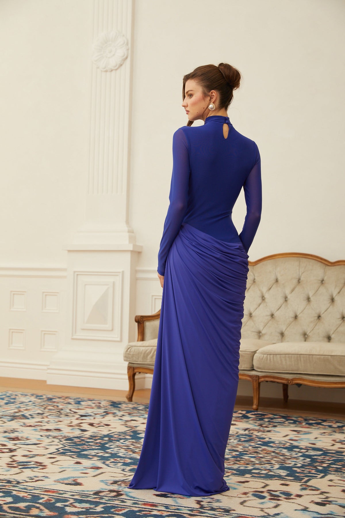 Éva Blue Draped Gathered Maxi Dress