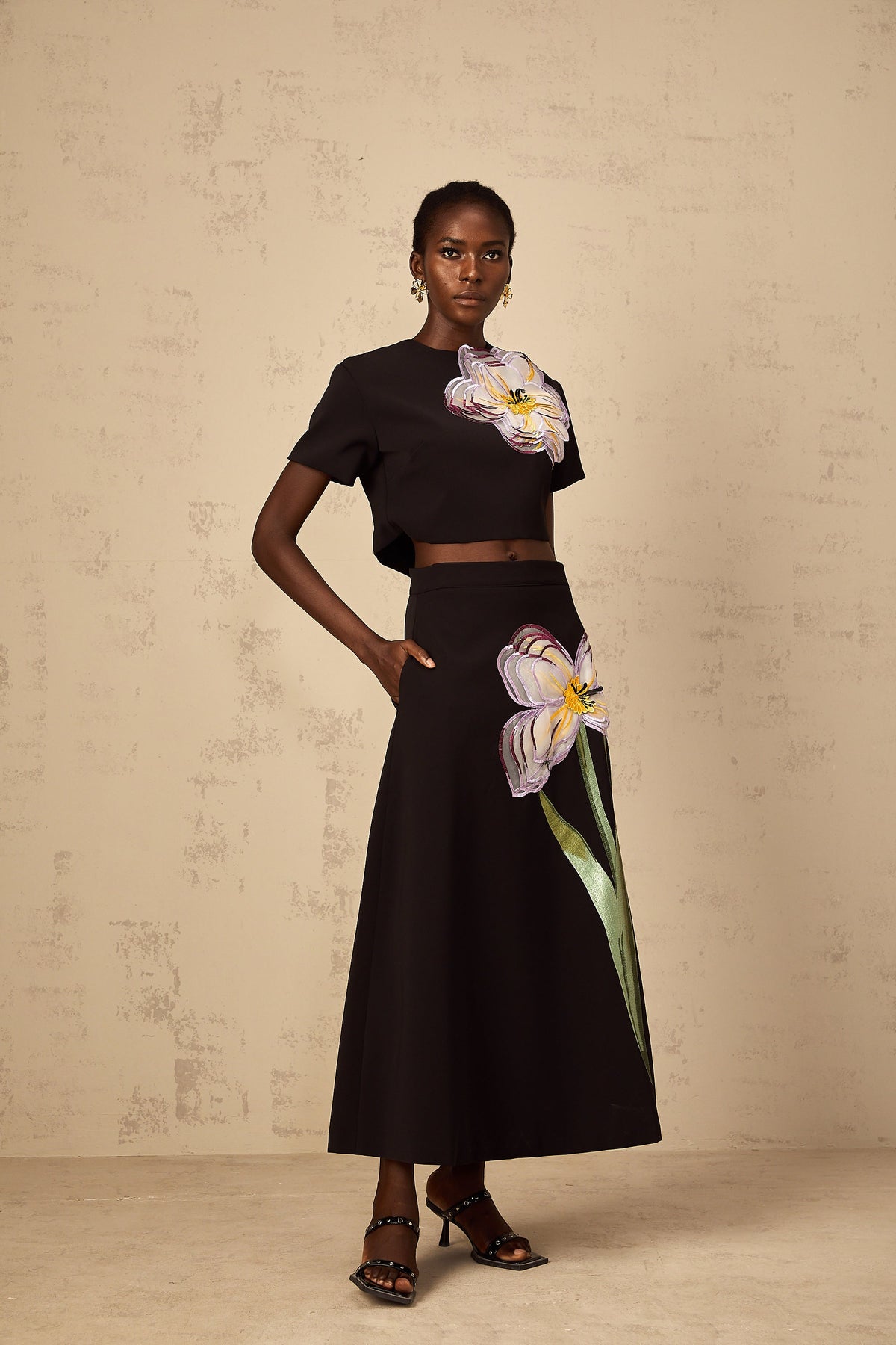 Irène Black Sequin Floral Embroidered Matching Set