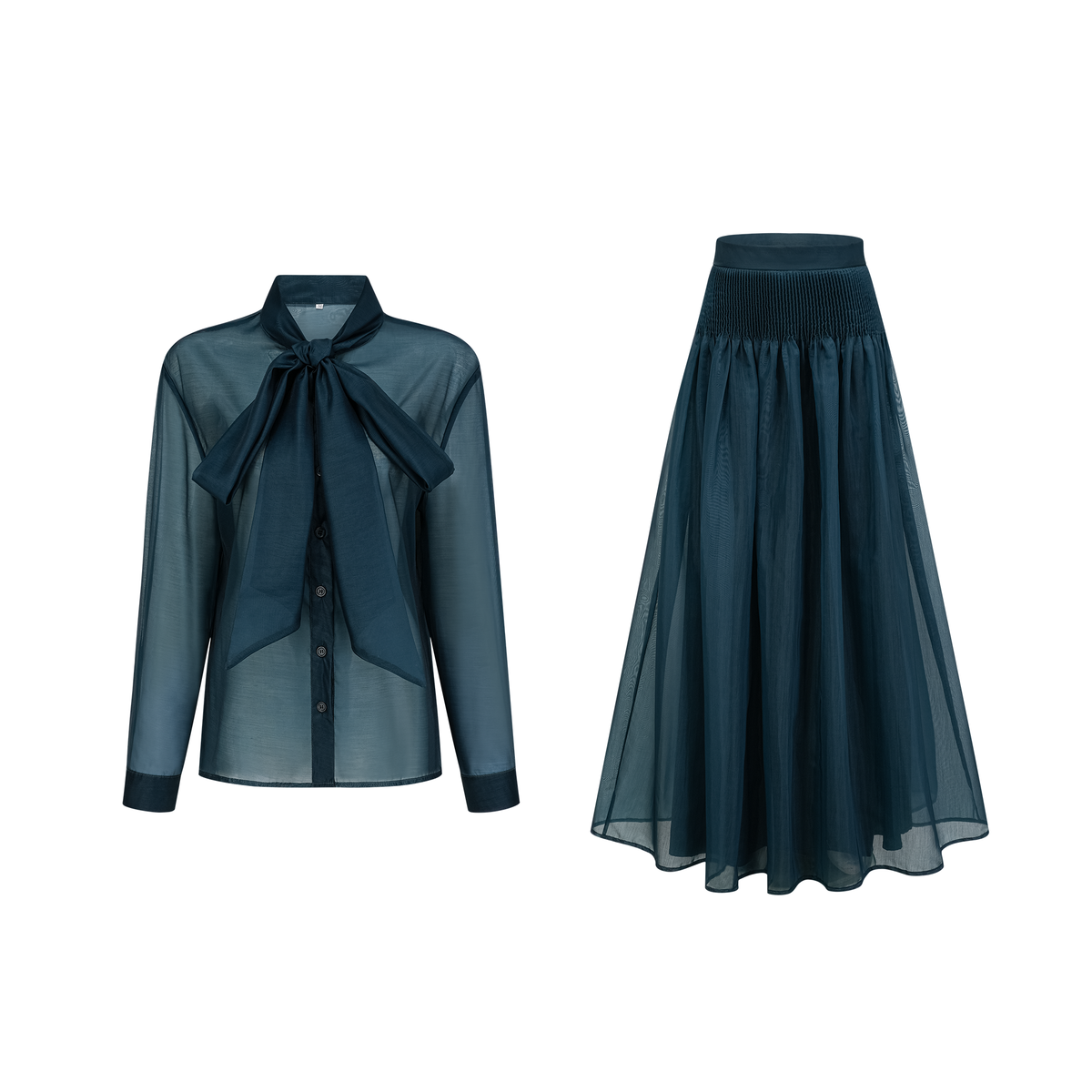 Zoé dark-green ribbon tie-neck shirt & skirt matching set (Final Sale-US Only)