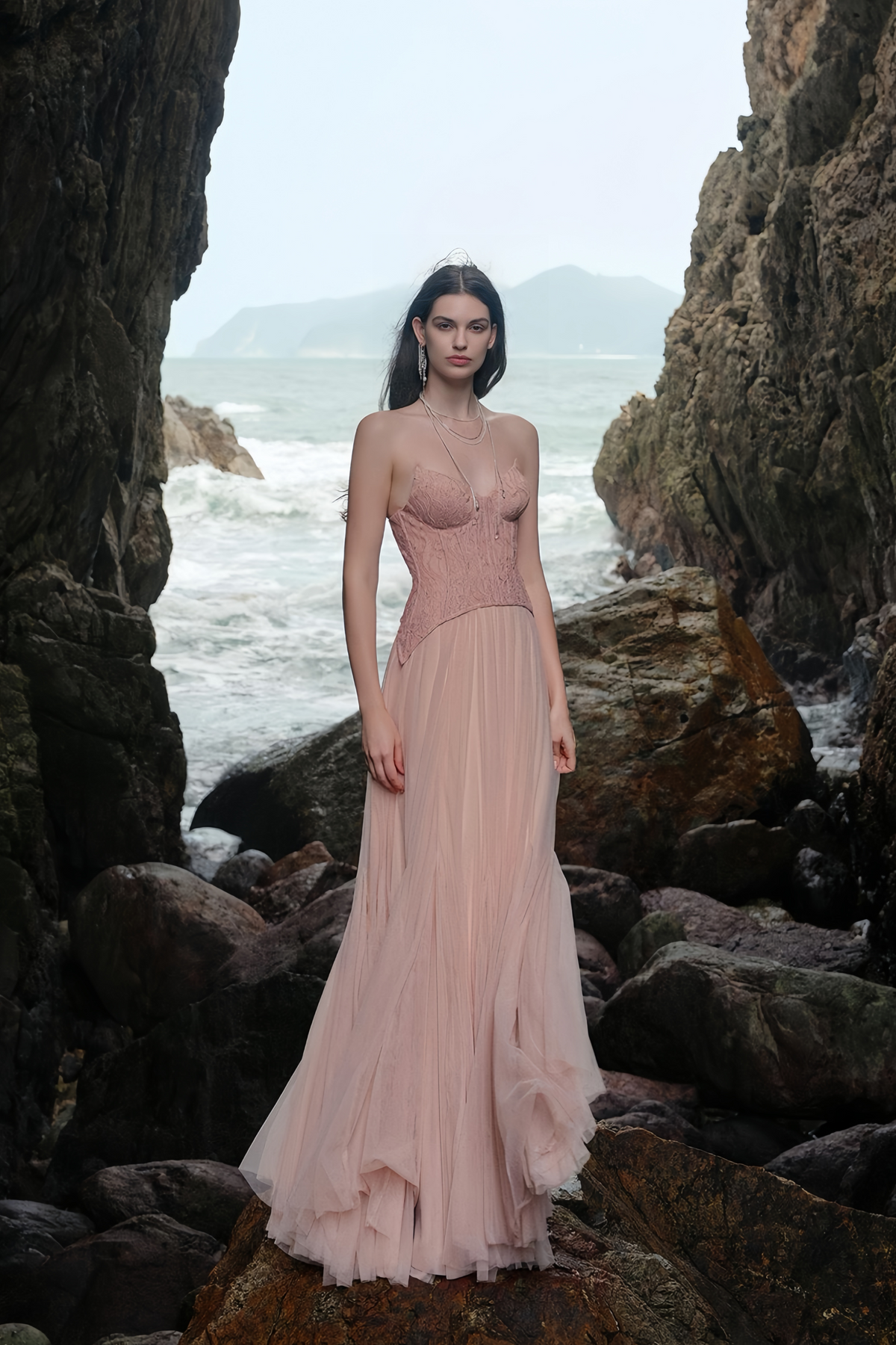 Ulrique Pink Lace Corset Tulle Maxi Dress