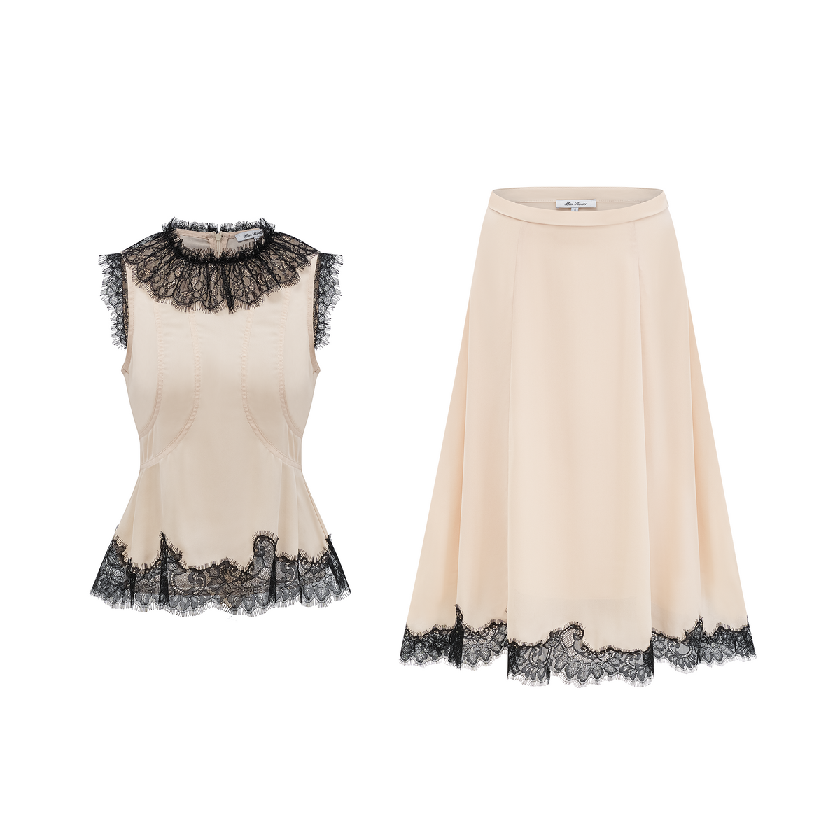 Zsófia Neutral Lace Panel Chiffon Top & Skirt Matching Set (Final Sale)